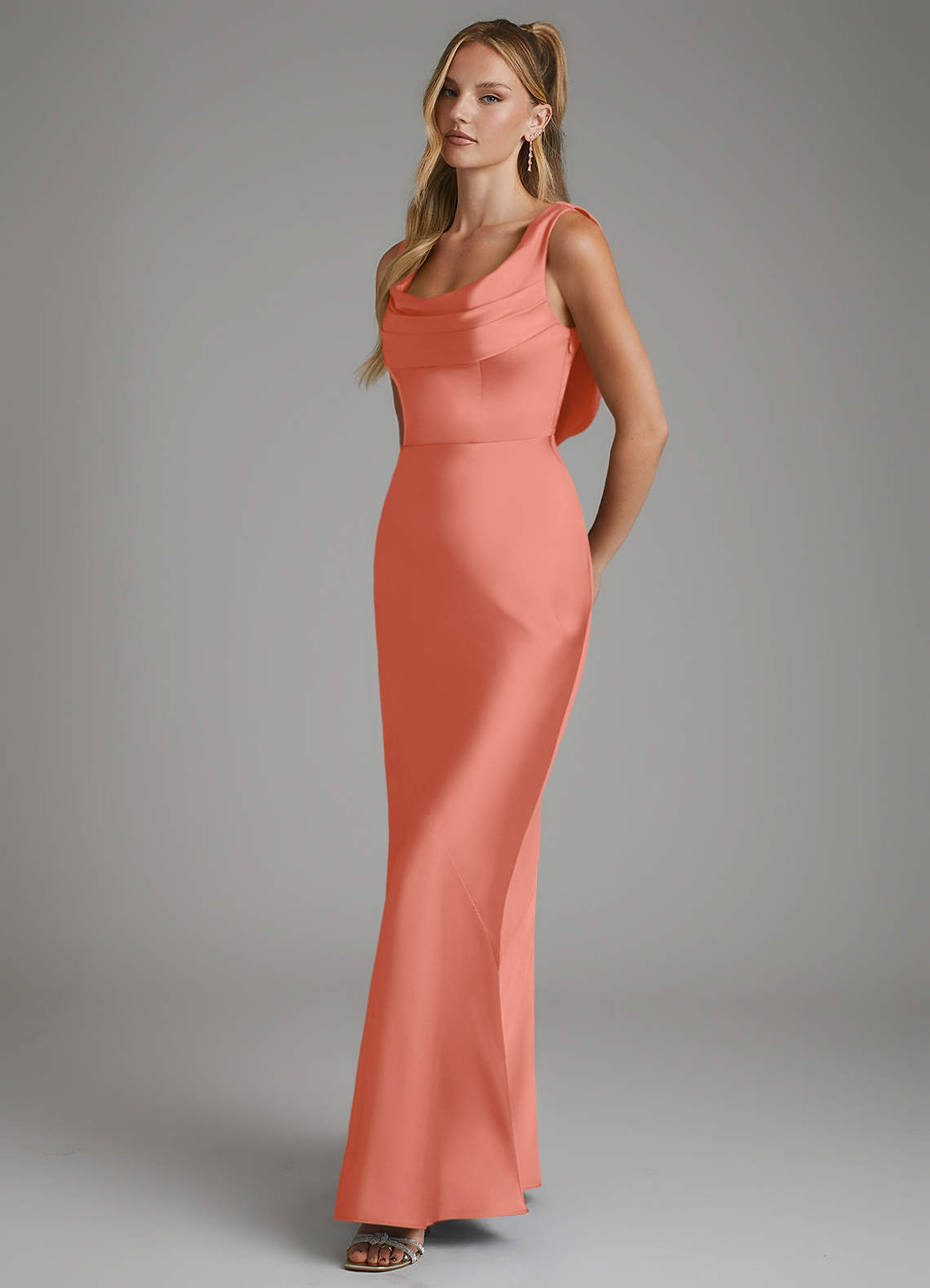 salmon color bridesmaid dresses Satin Colored Azazie Elena Salmon Pink Stretch Satin Bridesmaid Dresses Azazie Wedding dresses Color:Lilac+White 7.5.25 sale BRIELLE PUFF SLEEVE SWEATER length shoulder sash cascades