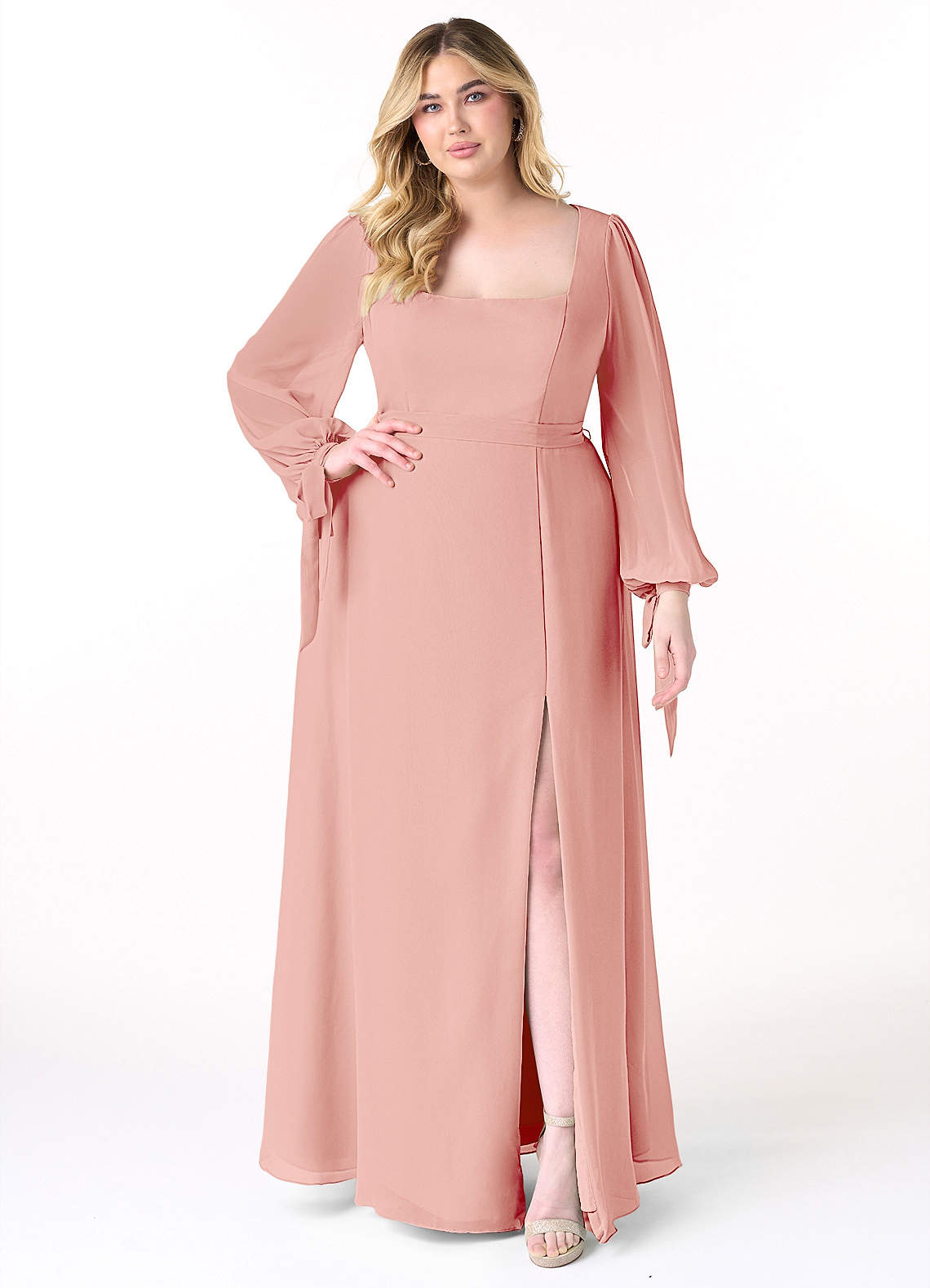 Azazie Leonia Bridesmaid Dresses Rosette A-Line Long Sleeve Chiffon Dress image1