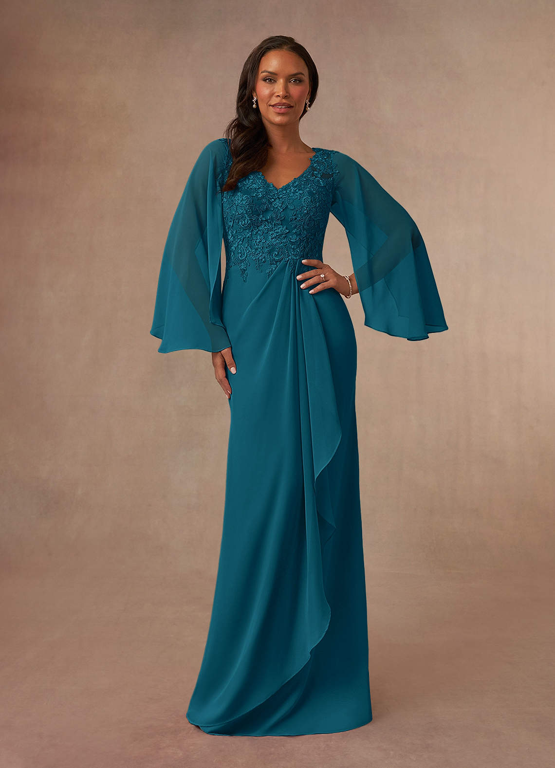 Azazie Perry Brudens mor kjoler Havfrue V-hals blonde Chiffon Gulv-længde Kjole image1