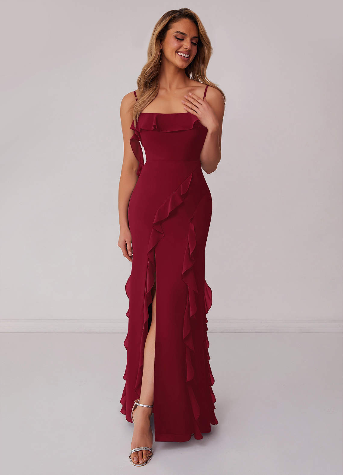 Barbie ♥ Azazie Robes de demoiselle d'honneur Robe Fourreau en Mousseline de soie Arc Bourgogne image2