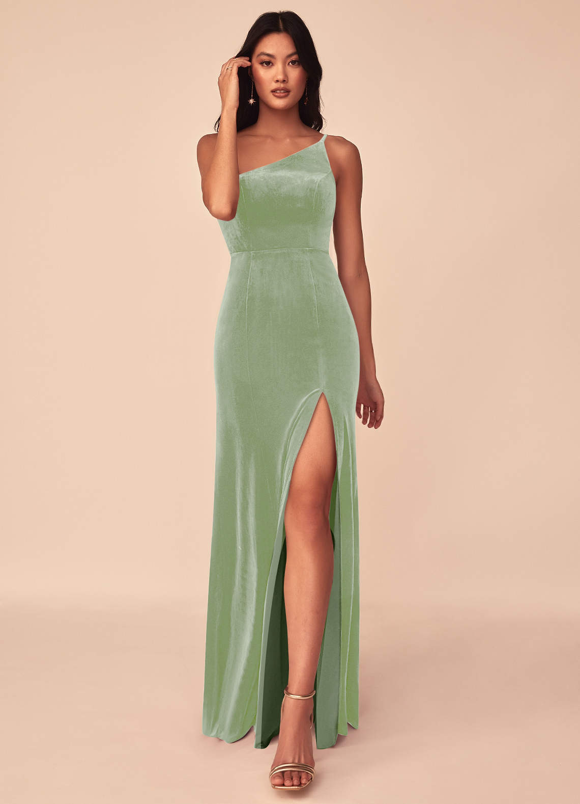 Azazie Kala Bridesmaid Dresses Dusty Sage A-Line One Shoulder Velvet Dress image1