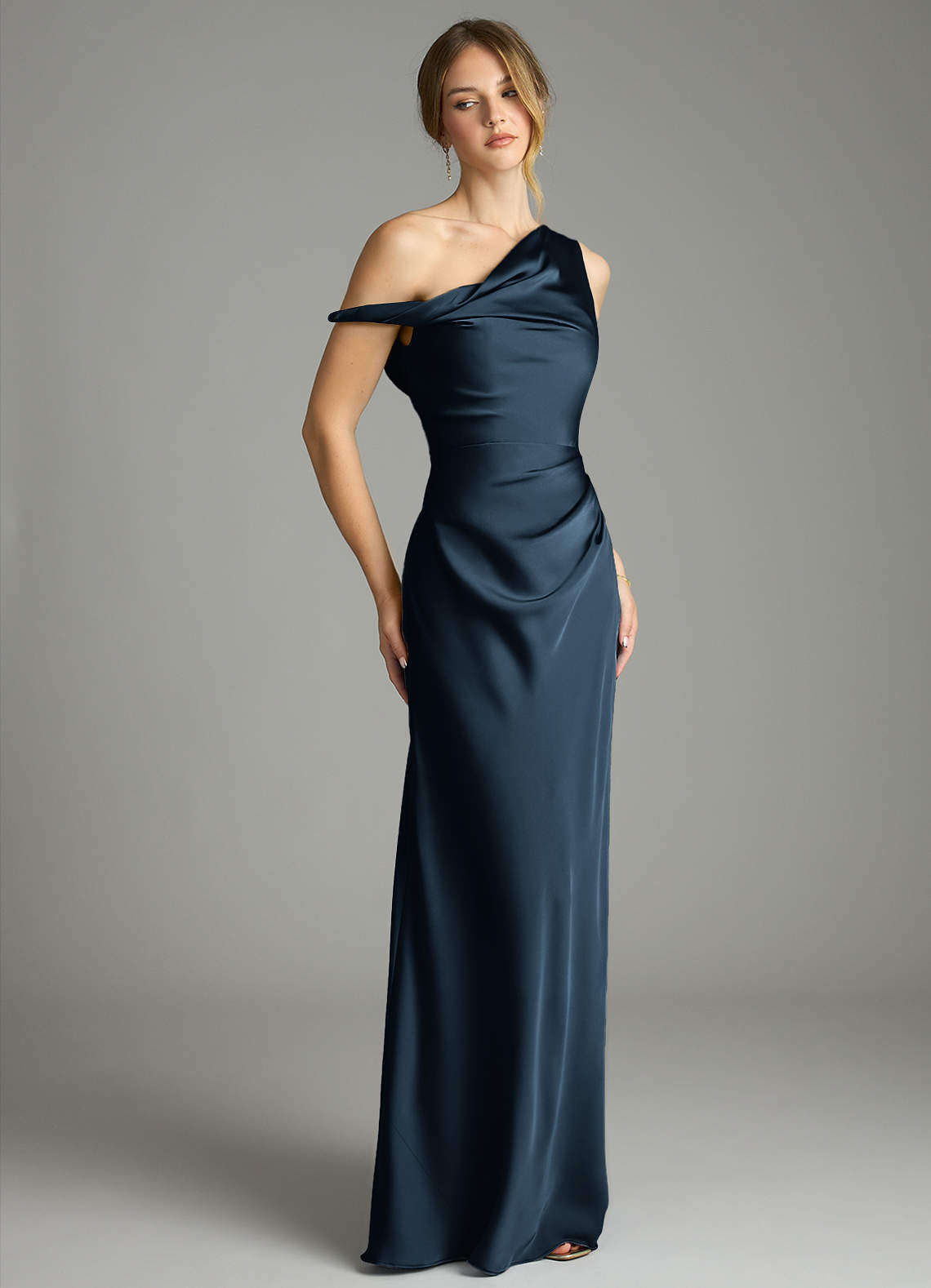 Azazie Emerson Bridesmaid Dresses Dark Navy Mermaid Off the Shoulder Stretch Satin Dress image4