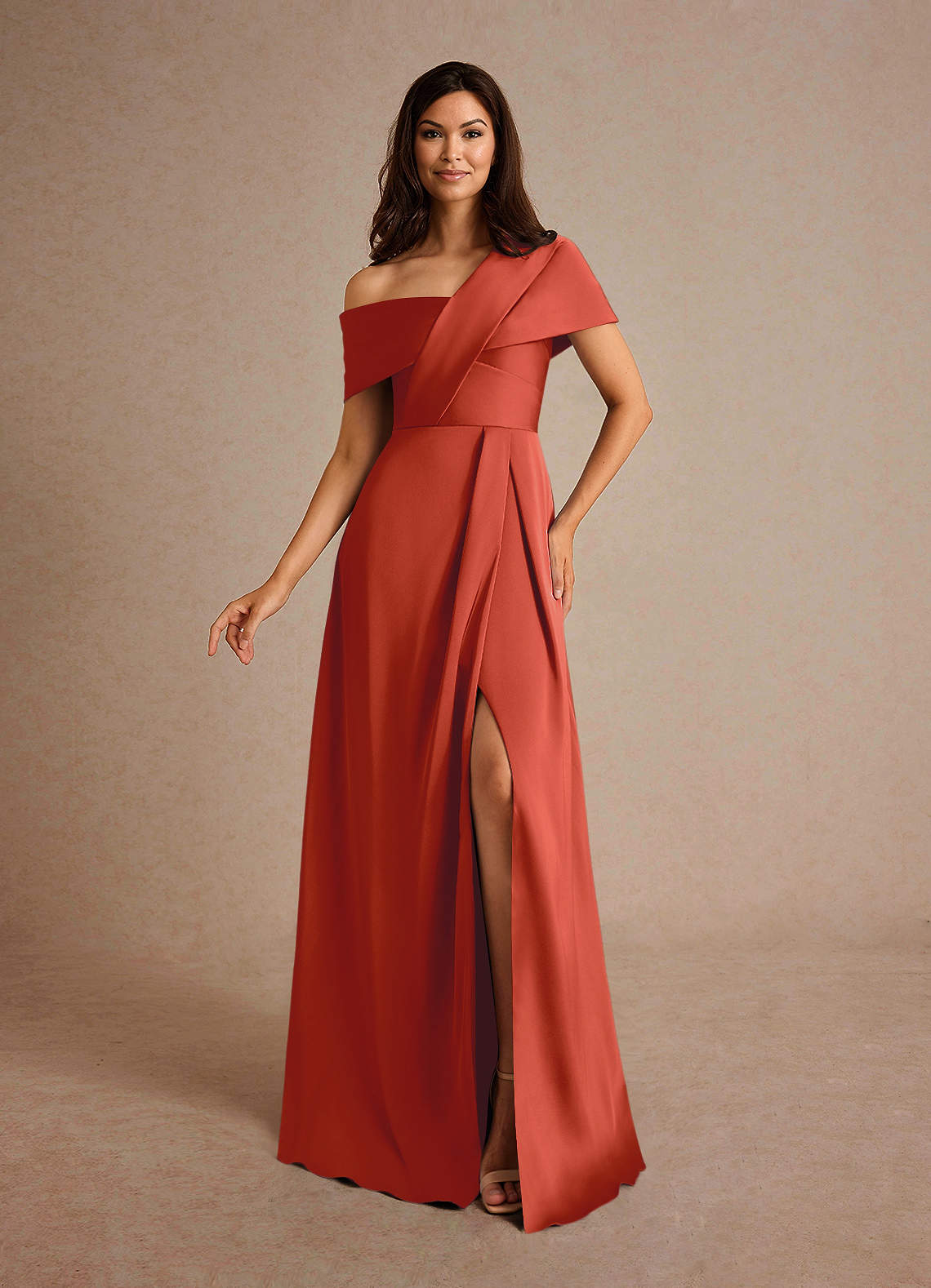 Azazie Milton Mother of the Bride Dresses Rust A-Line Pleated Stretch Satin Dress image1