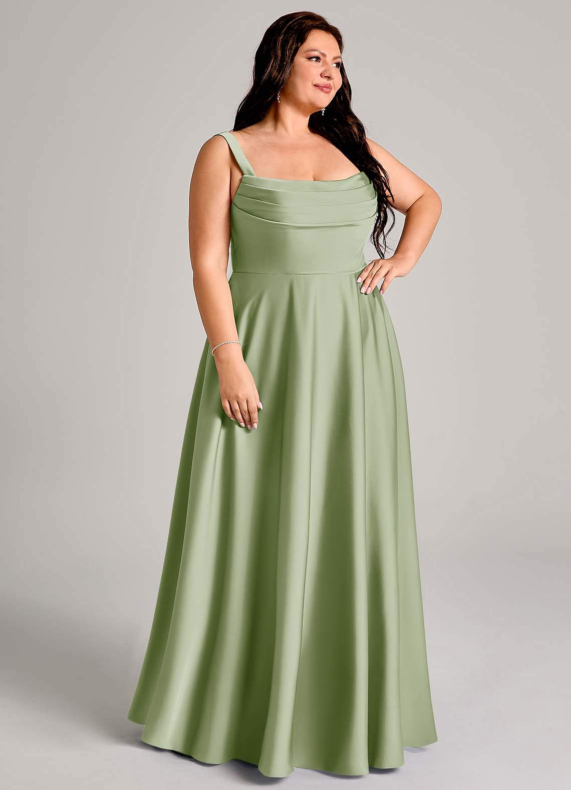Azazie Shaude Bridesmaid Dresses Dusty Sage A-Line Pleated Stretch Satin Dress image9