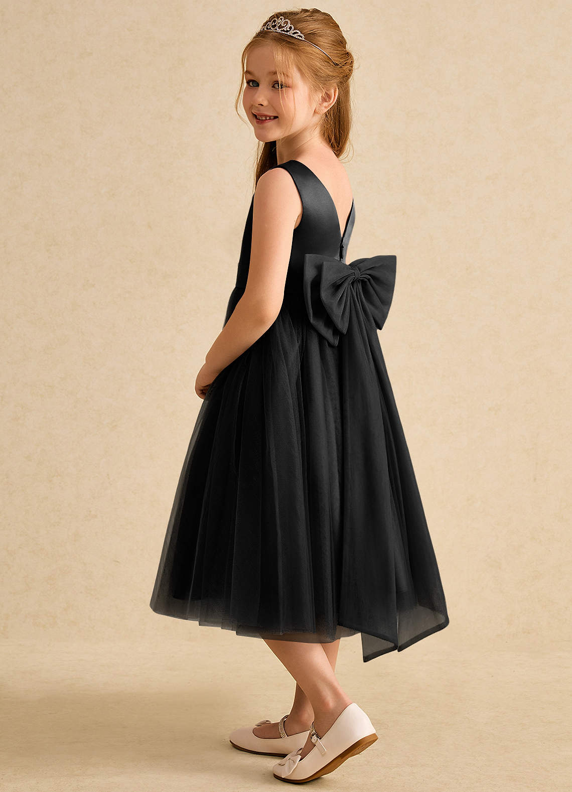 Azazie Winnie Flower Girl Dresses Black Ball-Gown Bow Tulle Dress image4