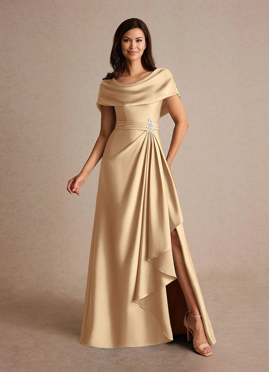 tan formal dresses Taylor Tube Maxi Dress, in Dune Luxe Satin | Show Me Your Mumu airy feel when walking or dancing Azazie Branford Champagne A-Line Pleated