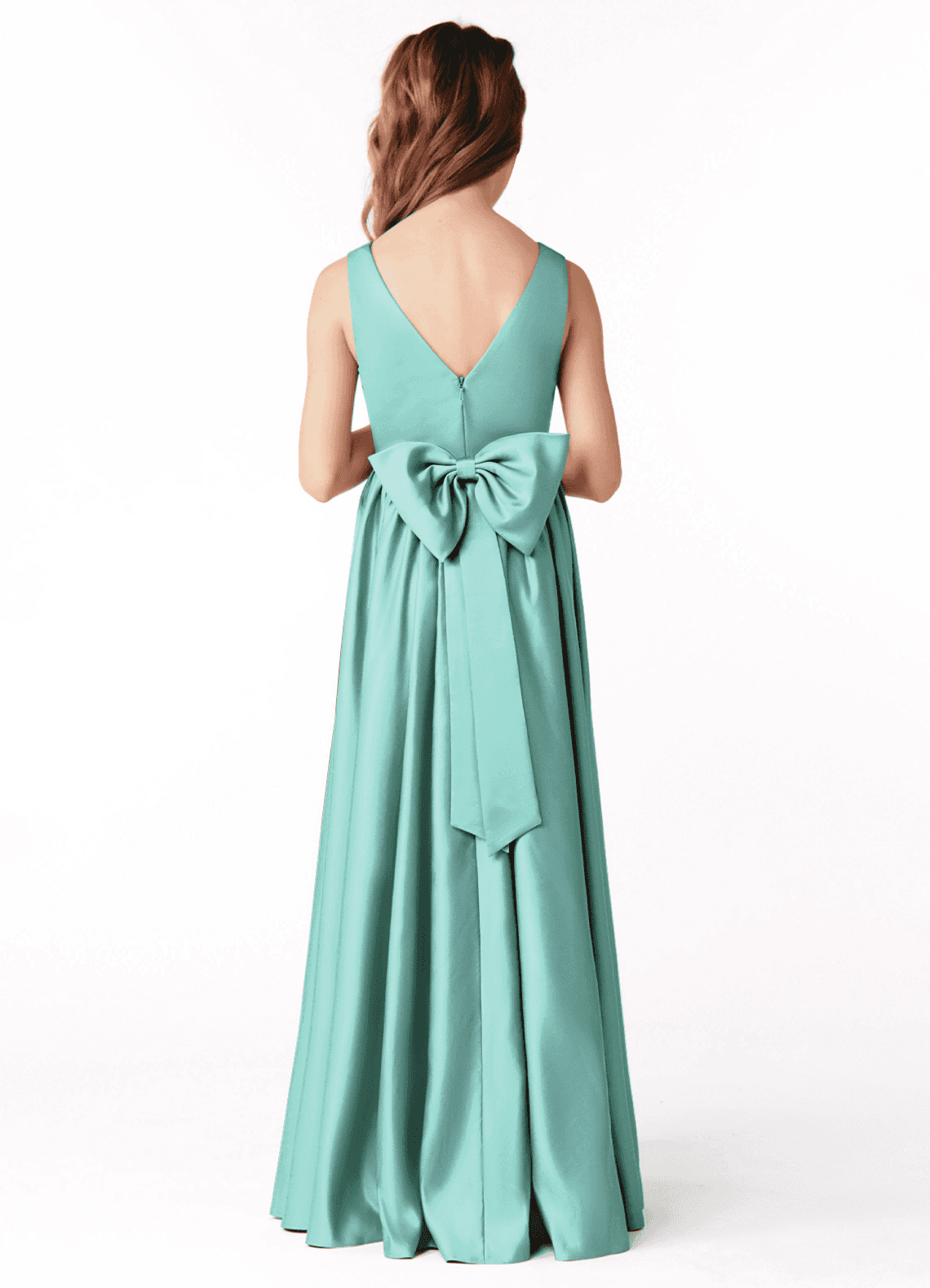 Azazie Hathaway Junior Aqua A-Line Bow Stretch Satin Dress image1