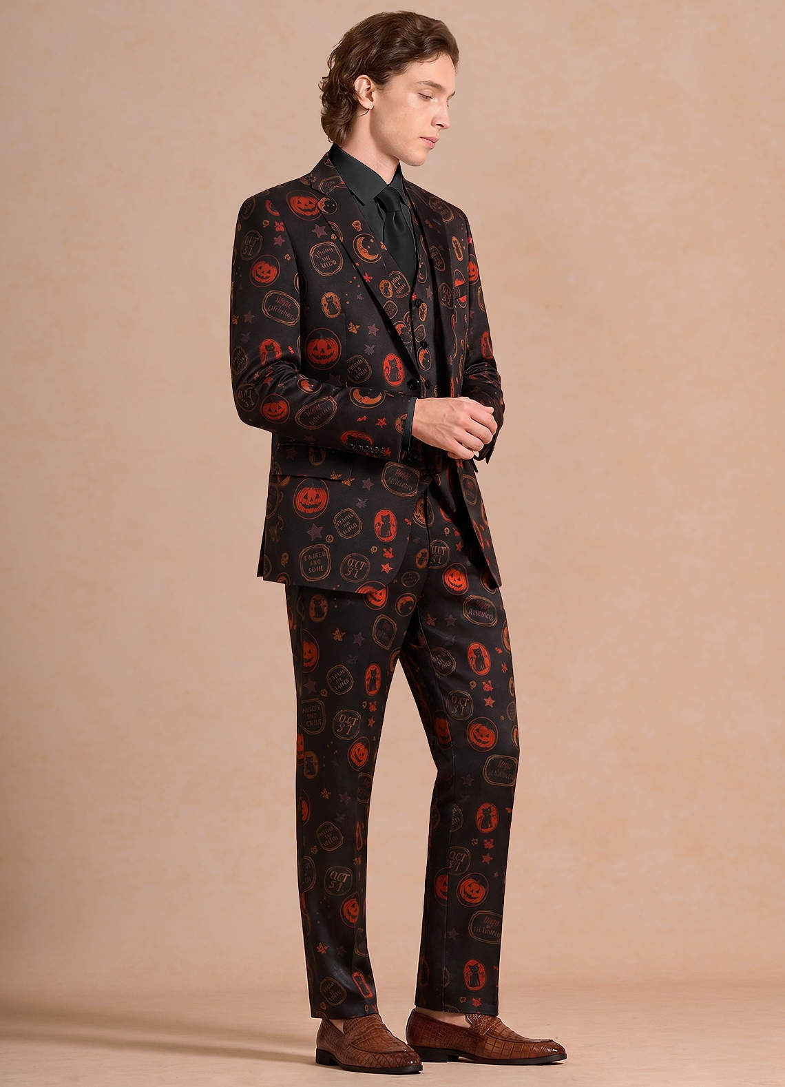 front Caleb Black Vintage Halloween Print 3-Piece Suit