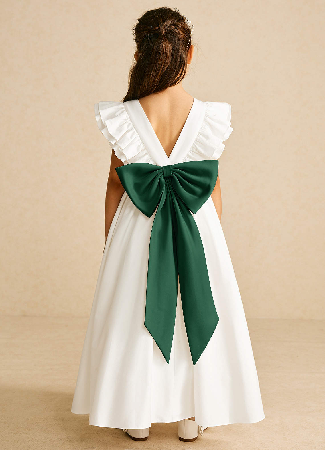 Azazie A-Line Scoop Neck Ankle-Length Matte Satin Flower Girl Dresses - Ivory/Dark Green
