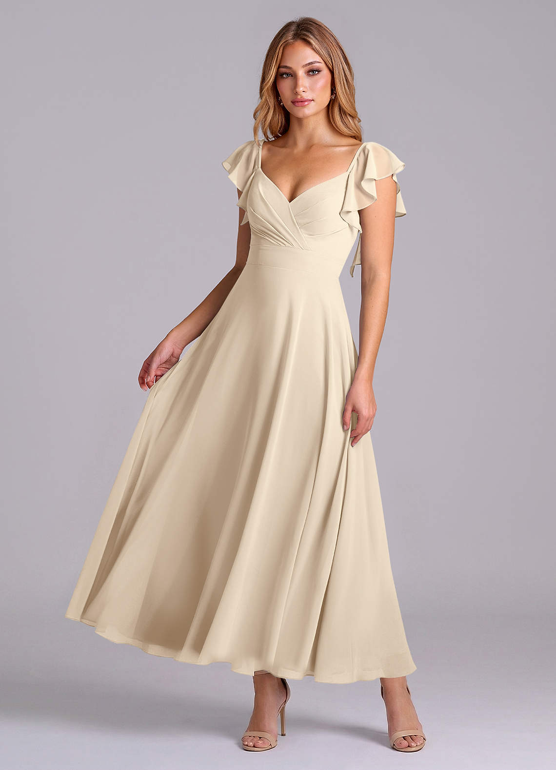 chiffon dress bridesmaid lady Ruffled Sleeves Pleated A-Line Chiffon Bridesmaid Dress with V-Neck