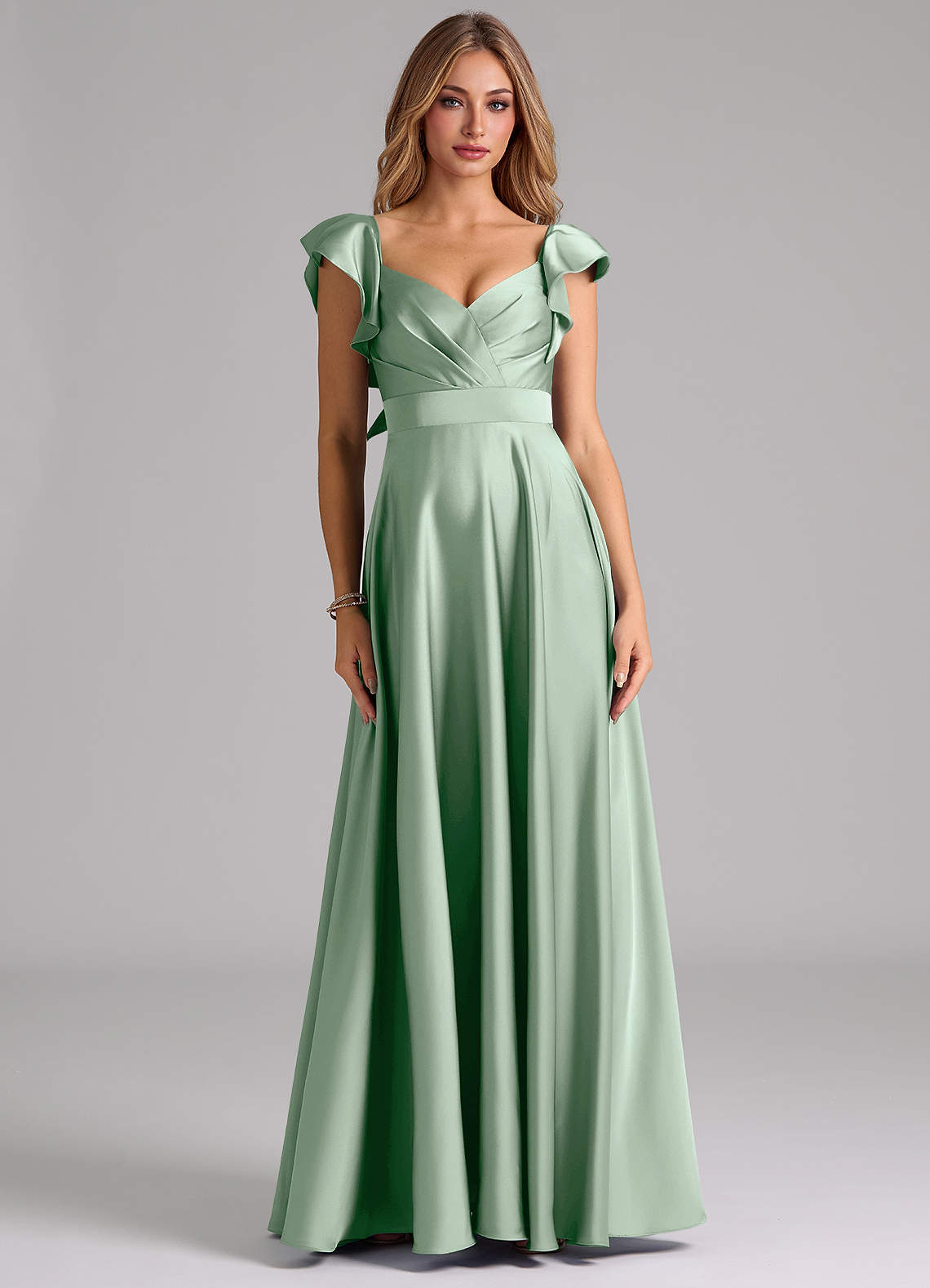 Azazie Leilani At-home Try On Dresses Agave A-Line Ruched Stretch Satin Dress image2