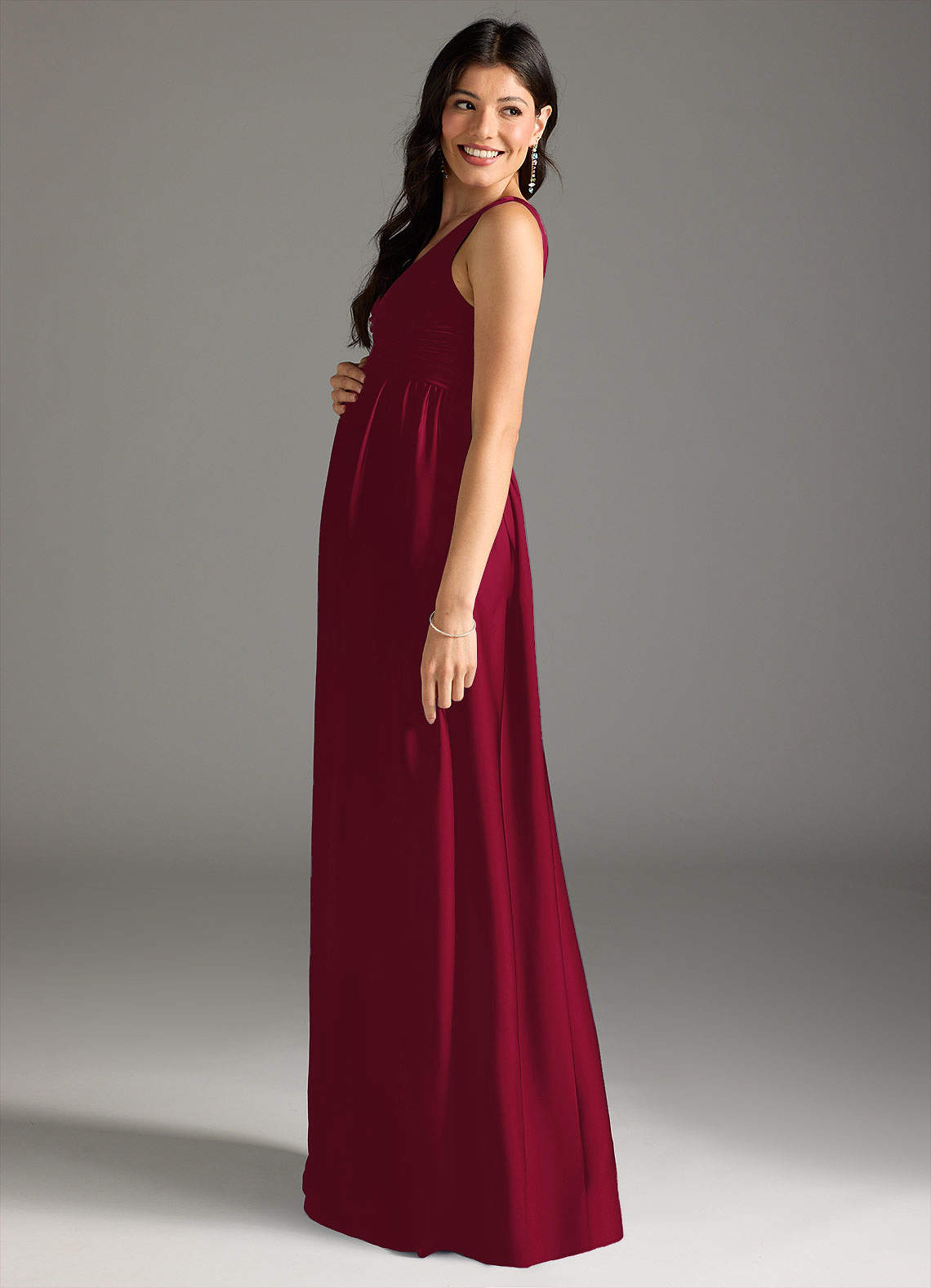 Azazie A-Line/Princess V-Neck Floor-Length Stretch Satin Maternity Bridesmaid Dresses - Burgundy