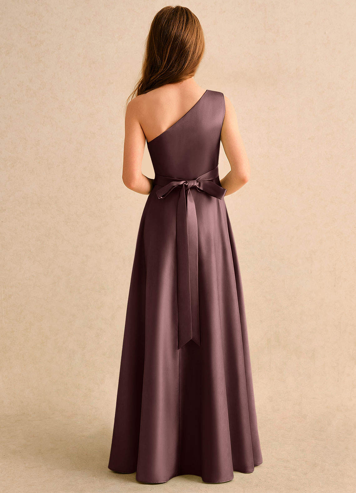 Azazie Puddles Girls Formal Flower Girl Dresses Espresso A-Line One Shoulder Matte Satin Dress image2
