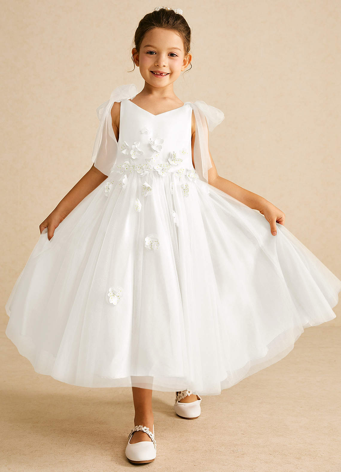 Azazie Minia Flower Girl Dresses Ivory A-Line Bow Matte Satin Dress image1