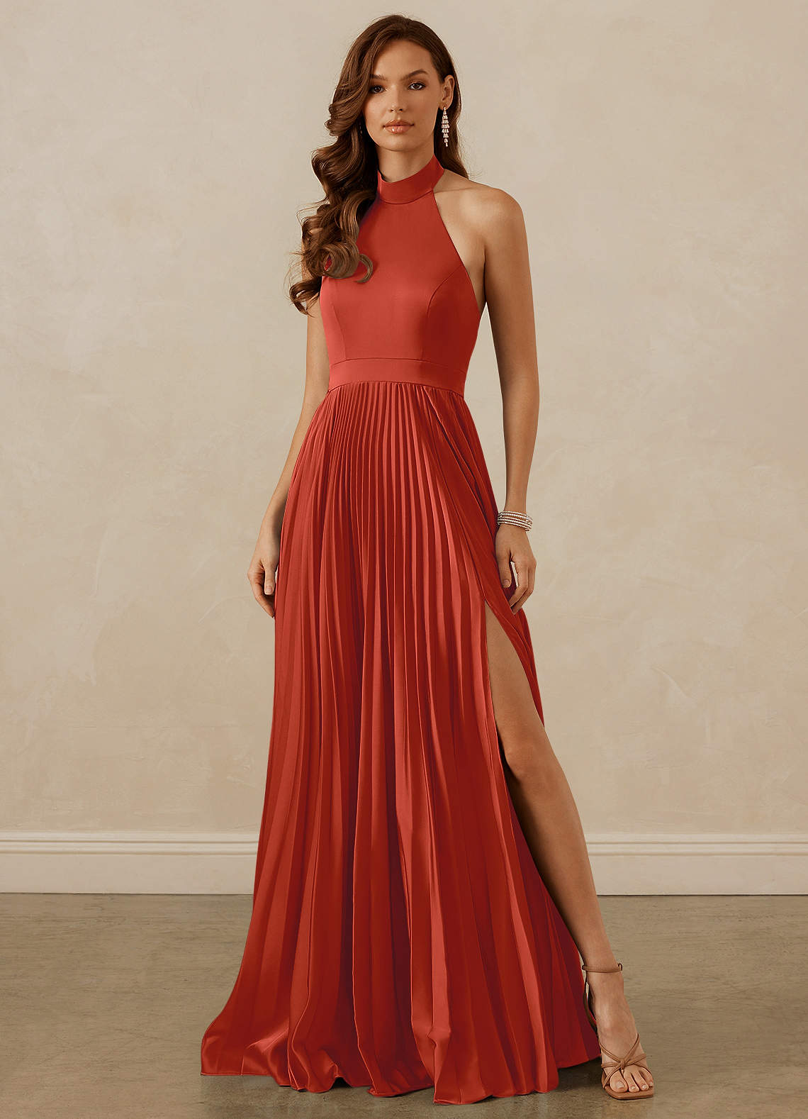 Christian Siriano Bridal for Azazie 1007 Bridesmaid Dresses Rust A-Line Pleated Stretch Satin Dress image1