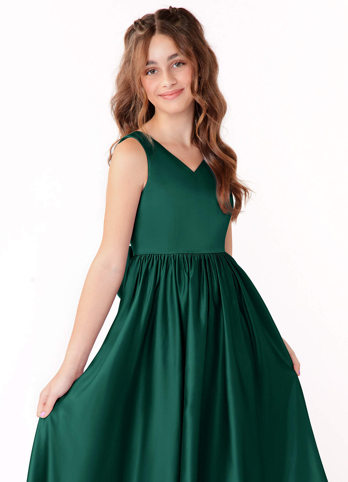 Azazie Hathaway Junior Emerald A-Line Bow Stretch Satin Dress image4