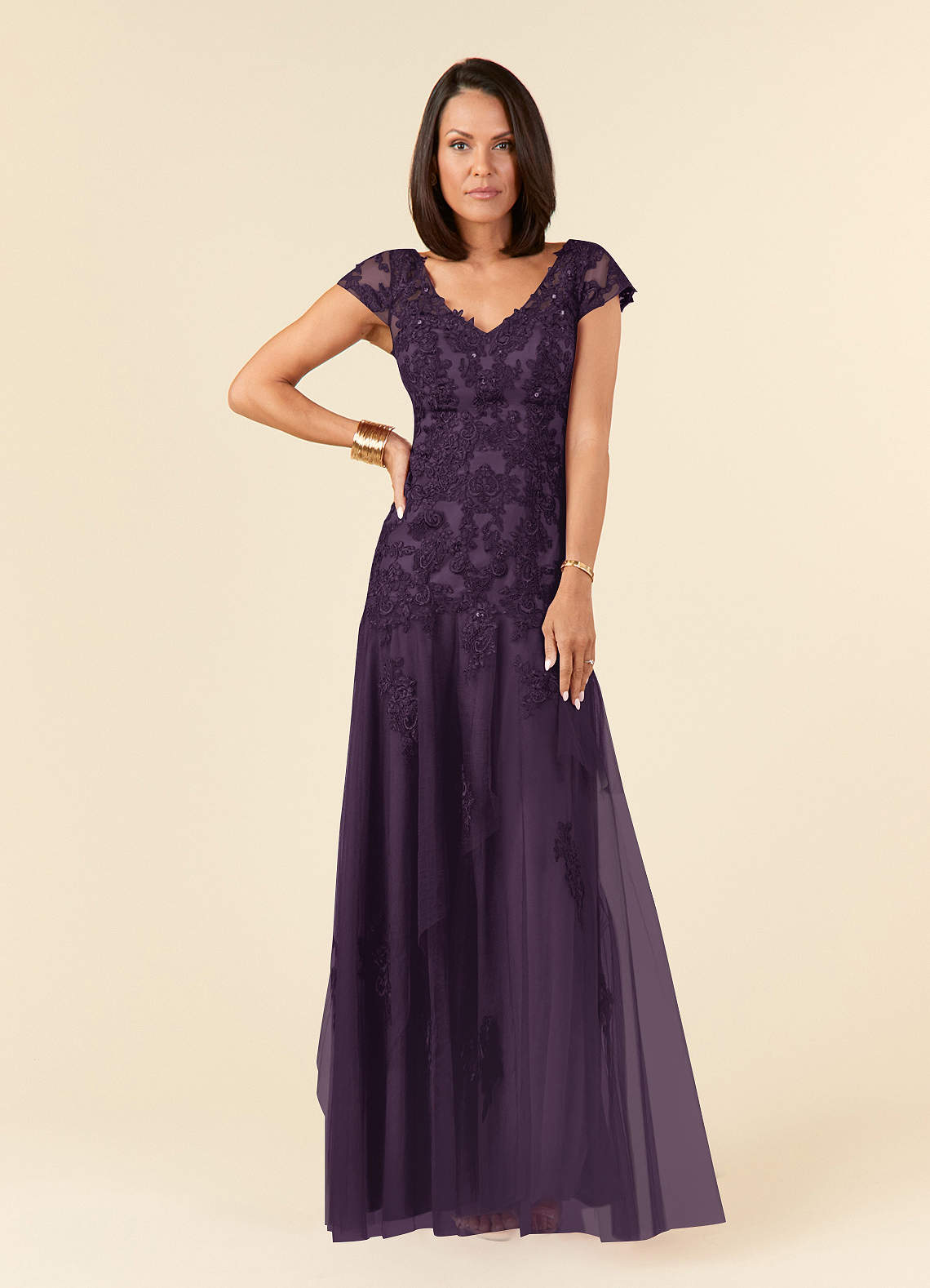 Azazie Romy Mother of the Bride Dresses Plum Mermaid V-Neck Sequins Tulle Dress image1