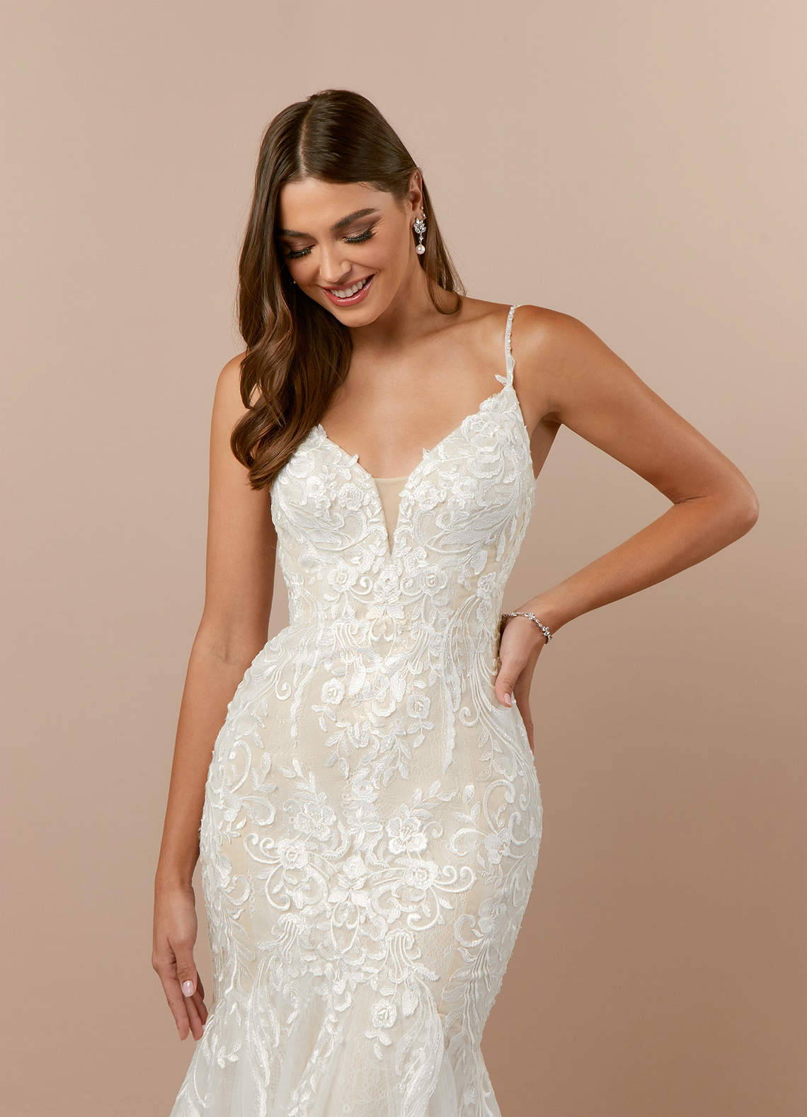 Azazie Camlynn At-home Try On Dresses Diamond White Champagne Mermaid V-Neck Sequins Tulle Dress image5