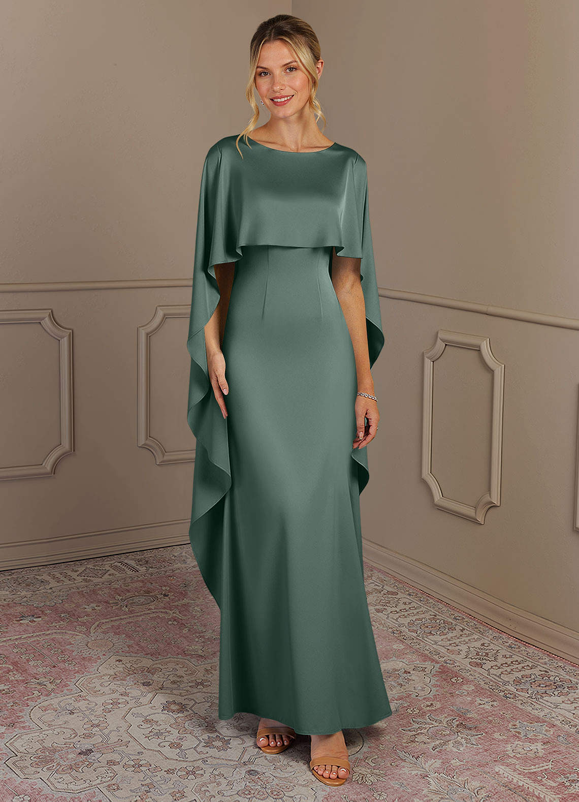 Azazie Eli Mother of the Bride Dresses Sea Moss Sheath Boatneck Stretch Satin Dress image1
