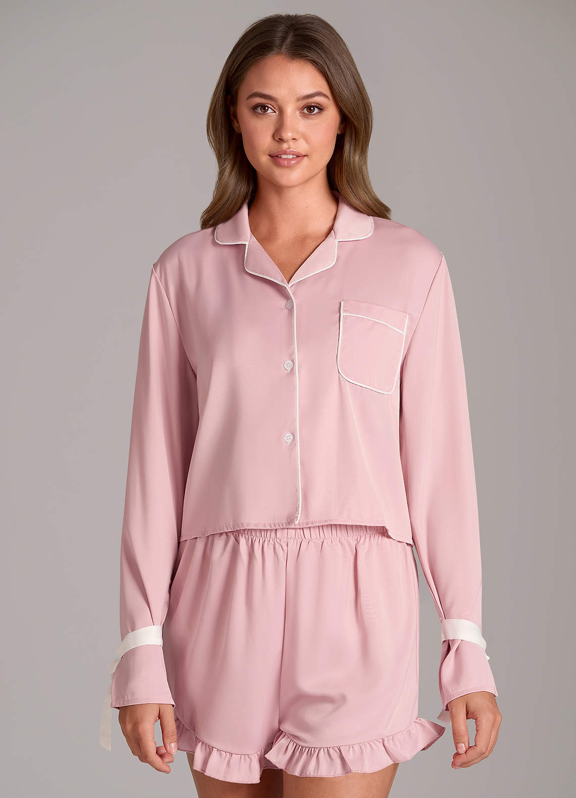 front Satin Contrast Piping Tie Sleeve Ruffle Pajama Shorts Set