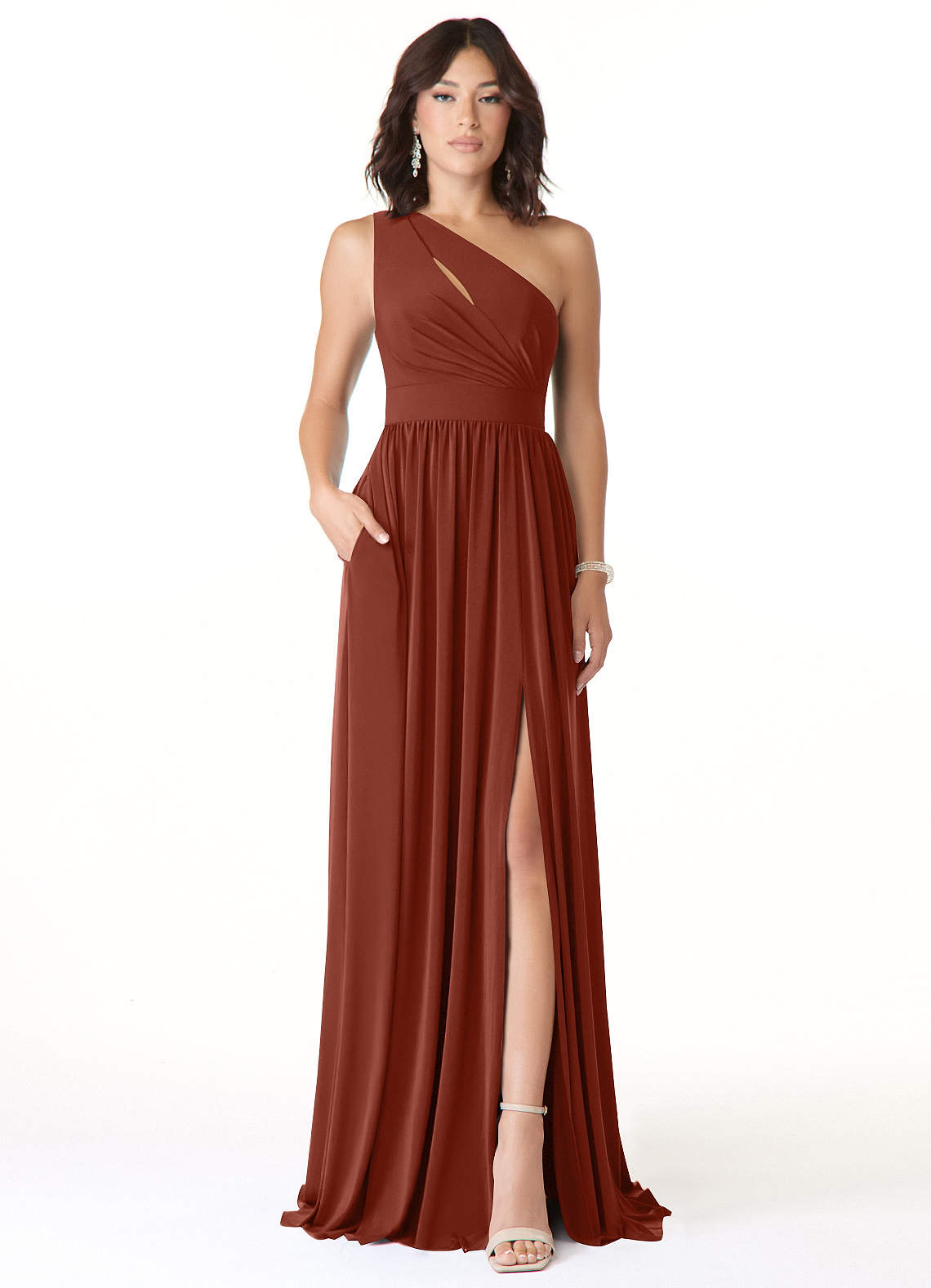 Azazie Jasna Bridesmaid Dresses Terracotta A-Line One Shoulder Luxe Knit Dress image1