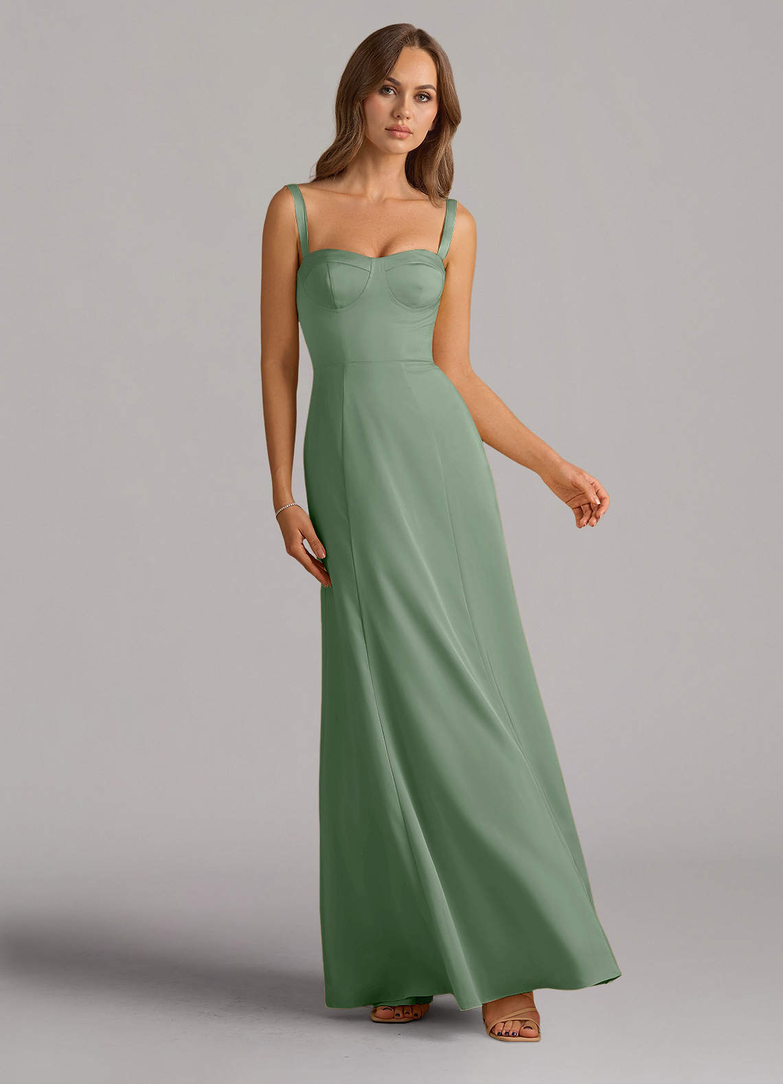 Azazie Amaris Brautjungfernkleider A-Linie Korsett Stretch-Satin Kleid Matcha image1