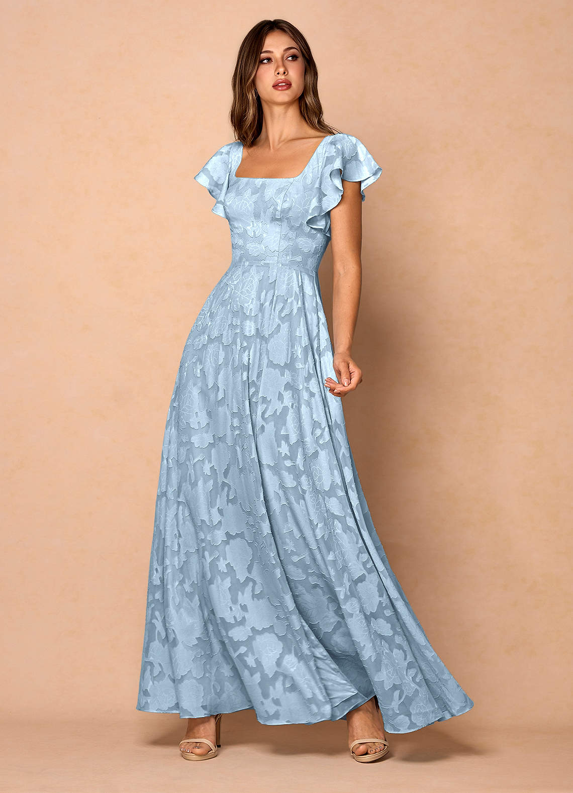 Azazie Floor-Length Maxi Dresses A-Line Wedding Guest Formal Dresses Square Ruffles Sky Blue