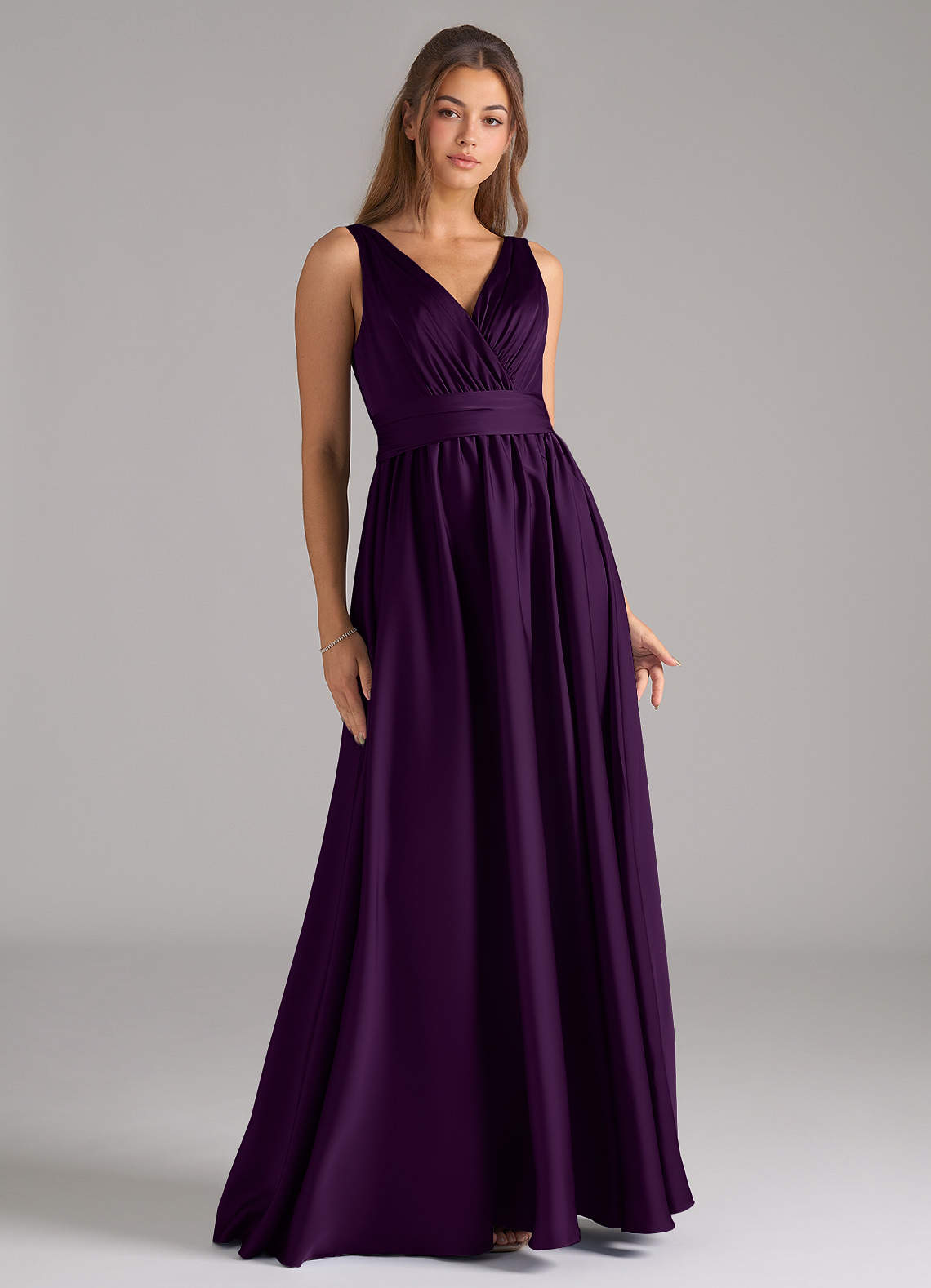 Azazie Kora Bridesmaid Dresses Grape A-Line Pleated Stretch Satin Dress image1