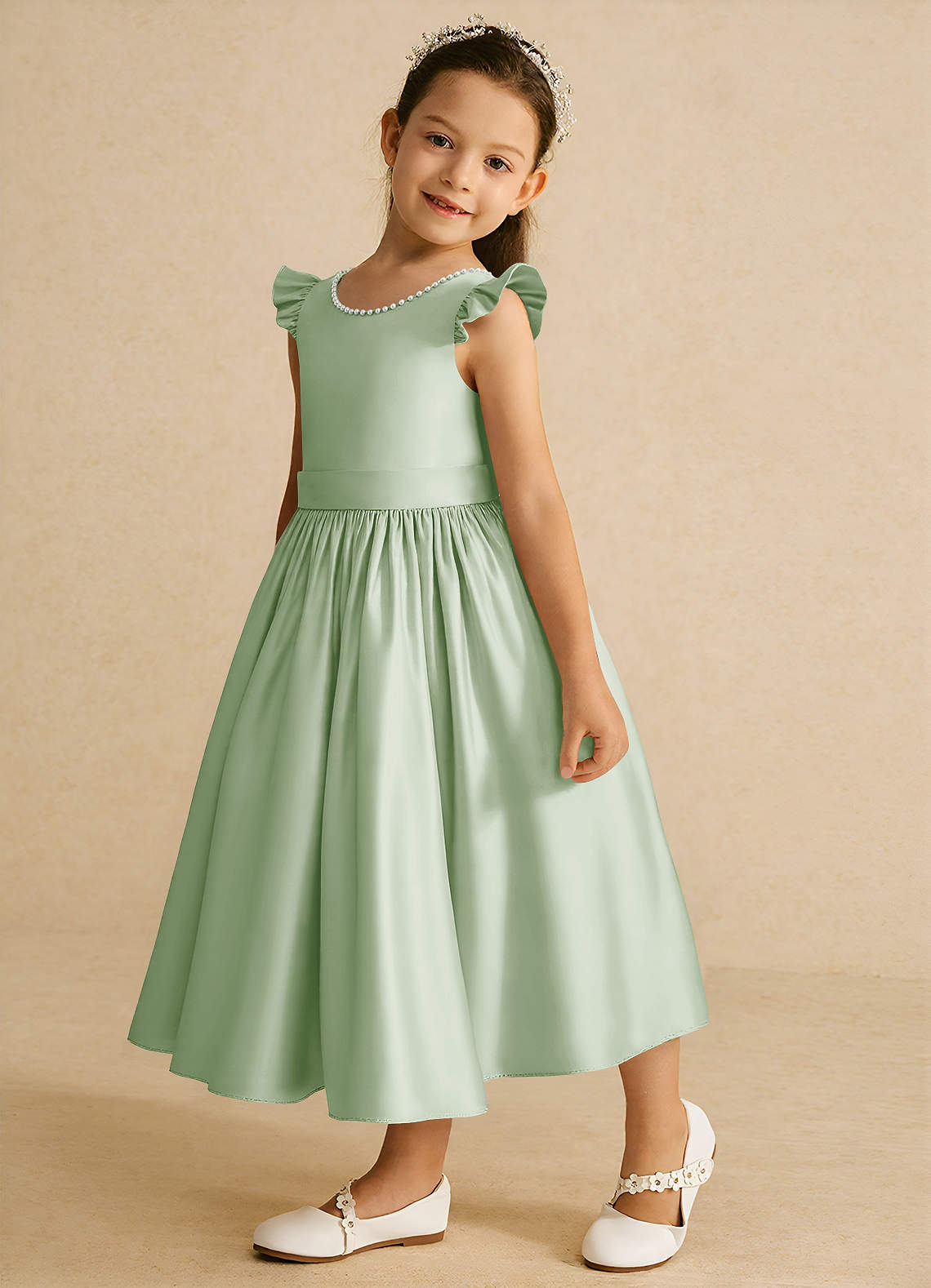 Azazie Dumpling Flower Girl Dresses Dusty Sage A-Line Bow Matte Satin Dress image3