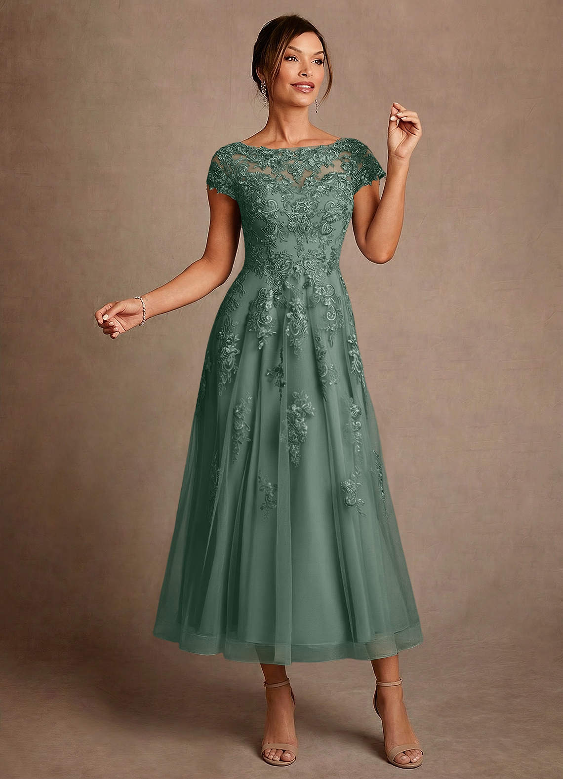 Azazie Jolanda Mother of the Bride Dresses Eucalyptus A-Line Lace Dress image2