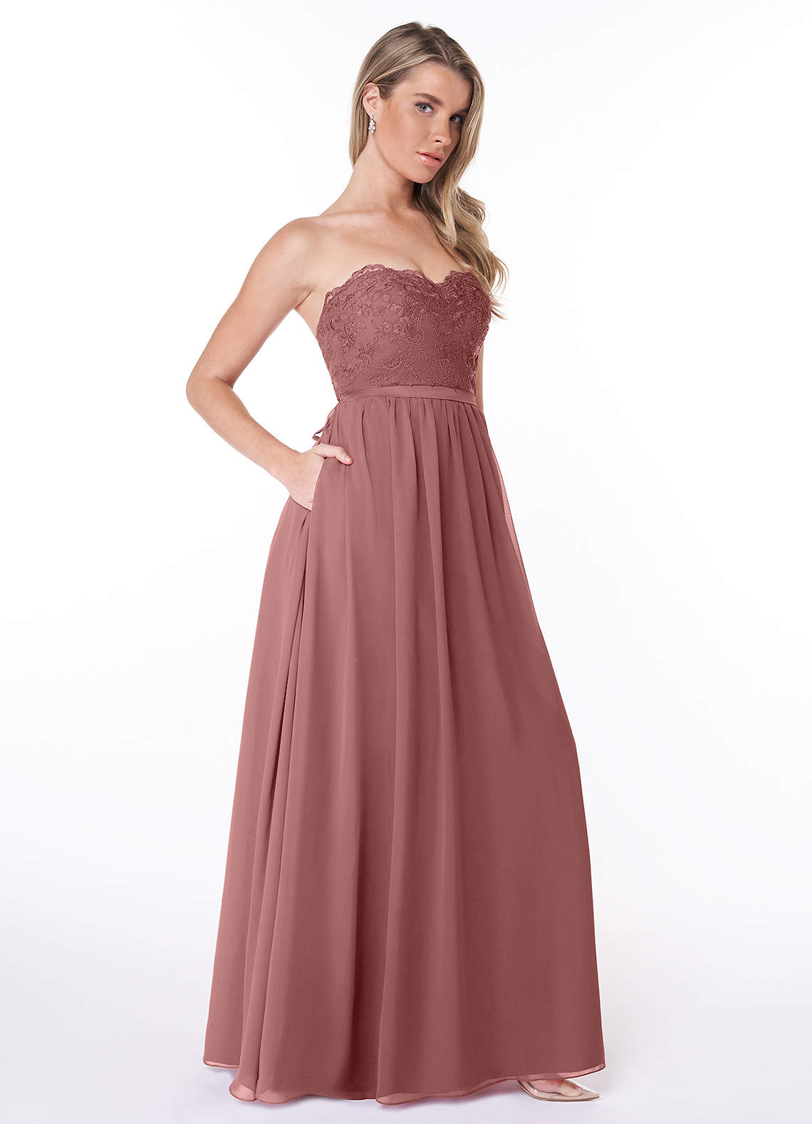 Azazie Celea Bridesmaid Dresses A-Line Lace Chiffon Floor-Length Dress image1
