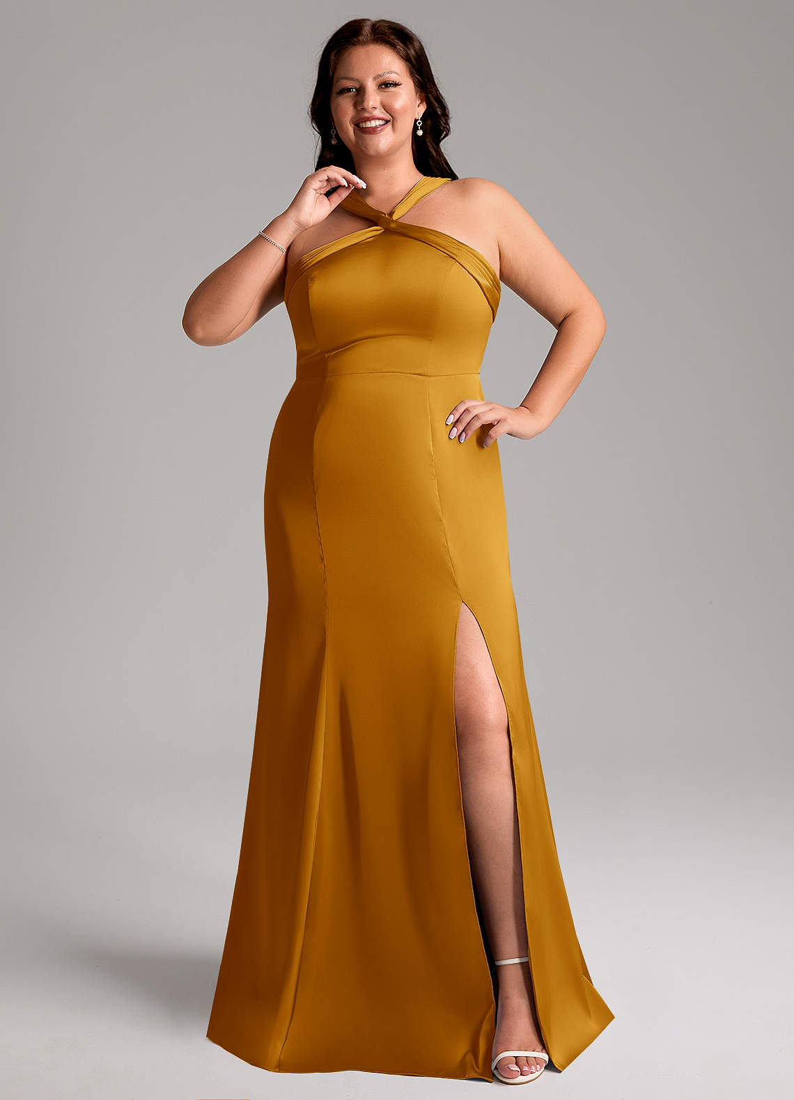 Azazie Rue Bridesmaid Dresses Butterscotch Mermaid Pleated Stretch Satin Dress image7