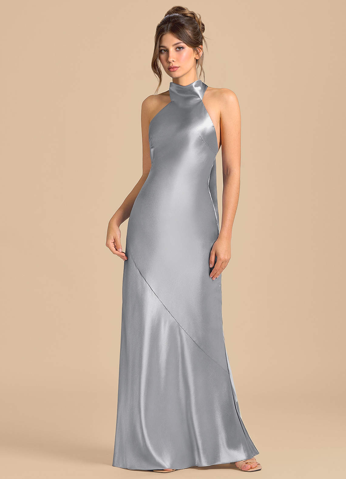 Azazie Velli Morsiusneito Mekot Vaippa Korkea kaulus Metallinen satiini Lattian pituus Pukeutua image2