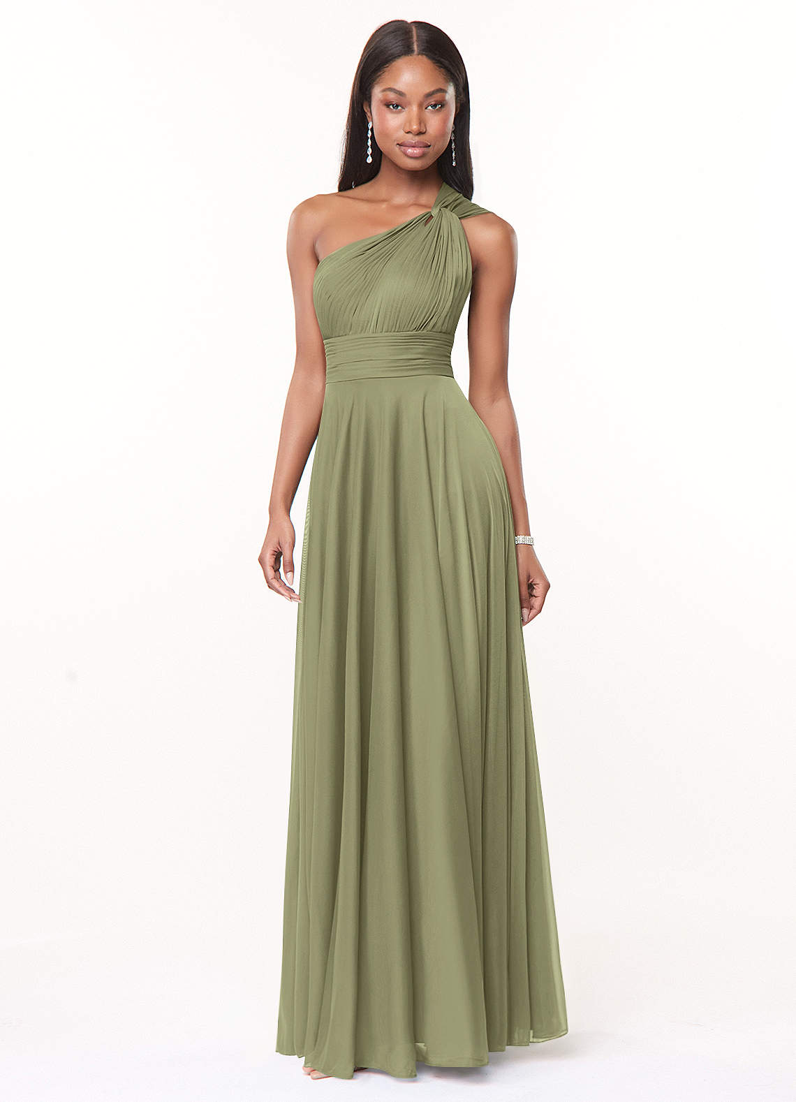 Azazie Charlize Bridesmaid Dresses Pistachio A-Line One Shoulder Mesh Dress image2