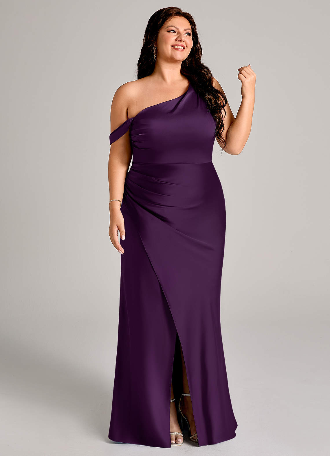 Azazie Mermaid One-Shoulder Floor-Length Stretch Satin Bridesmaid Dresses - Grape Azazie Mermaid One-Shoulder Floor-Length Stretch Satin Bridesmaid Dresses - Grape