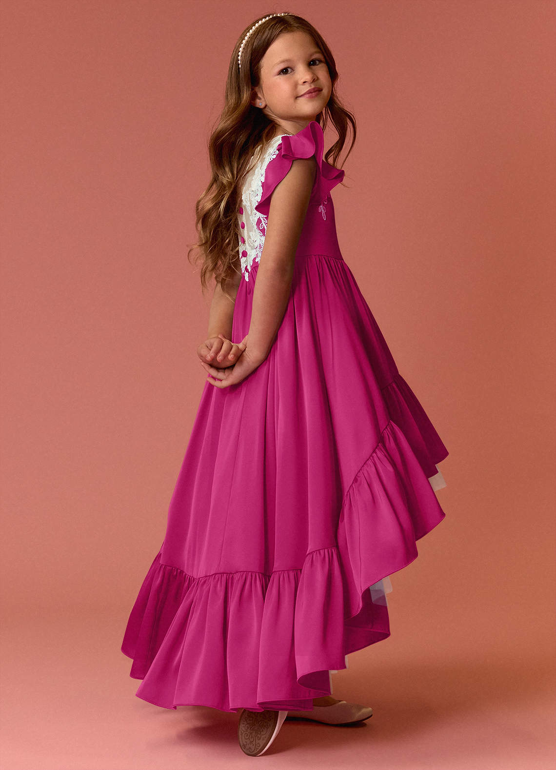 Barbie ♥ Azazie Flower Girl Dresses High Low Lace and Stretch Satin A-line Dress image4