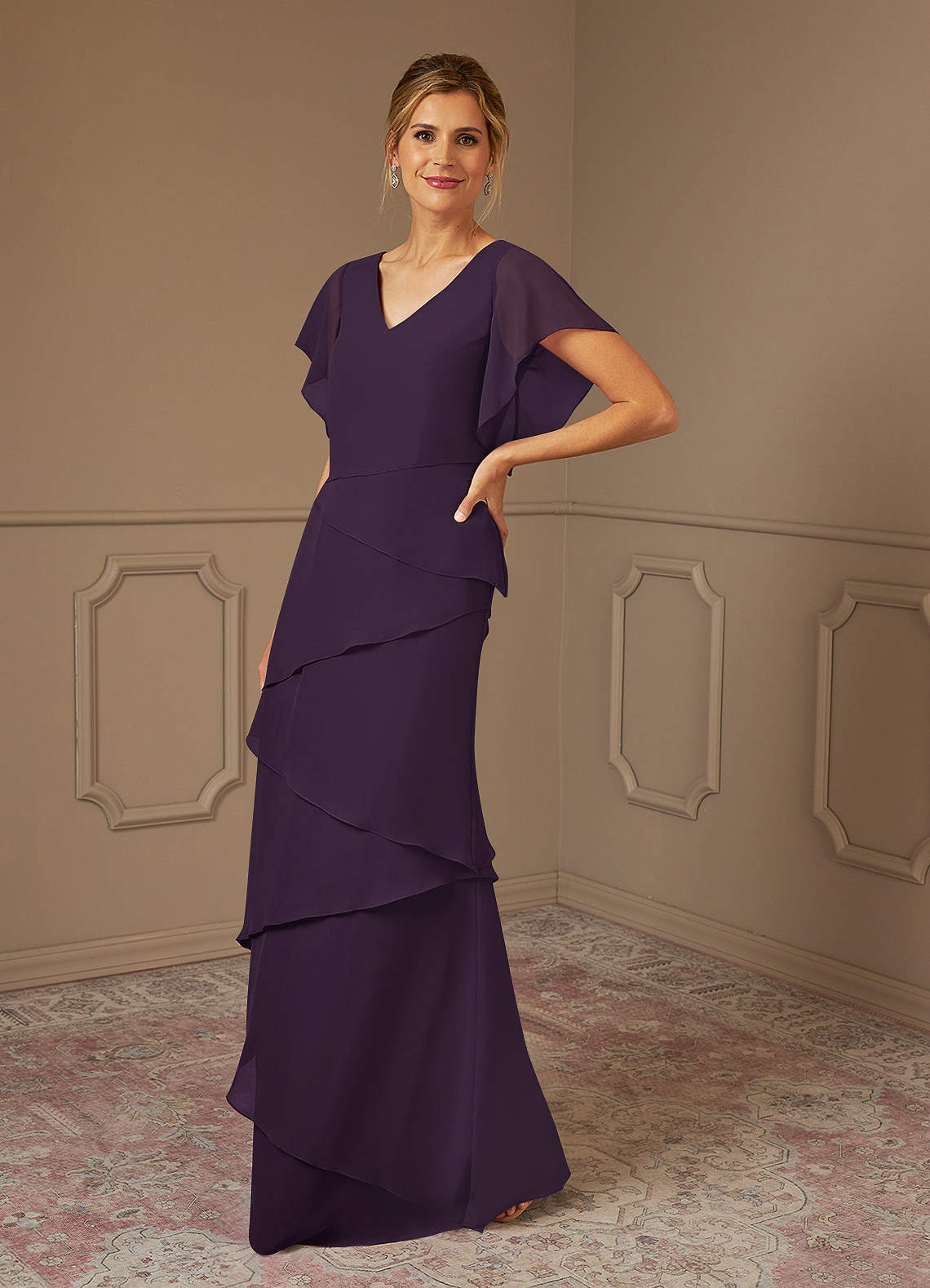 Azazie OHara Plum A-Line V-Neck Chiffon Dress | Azazie