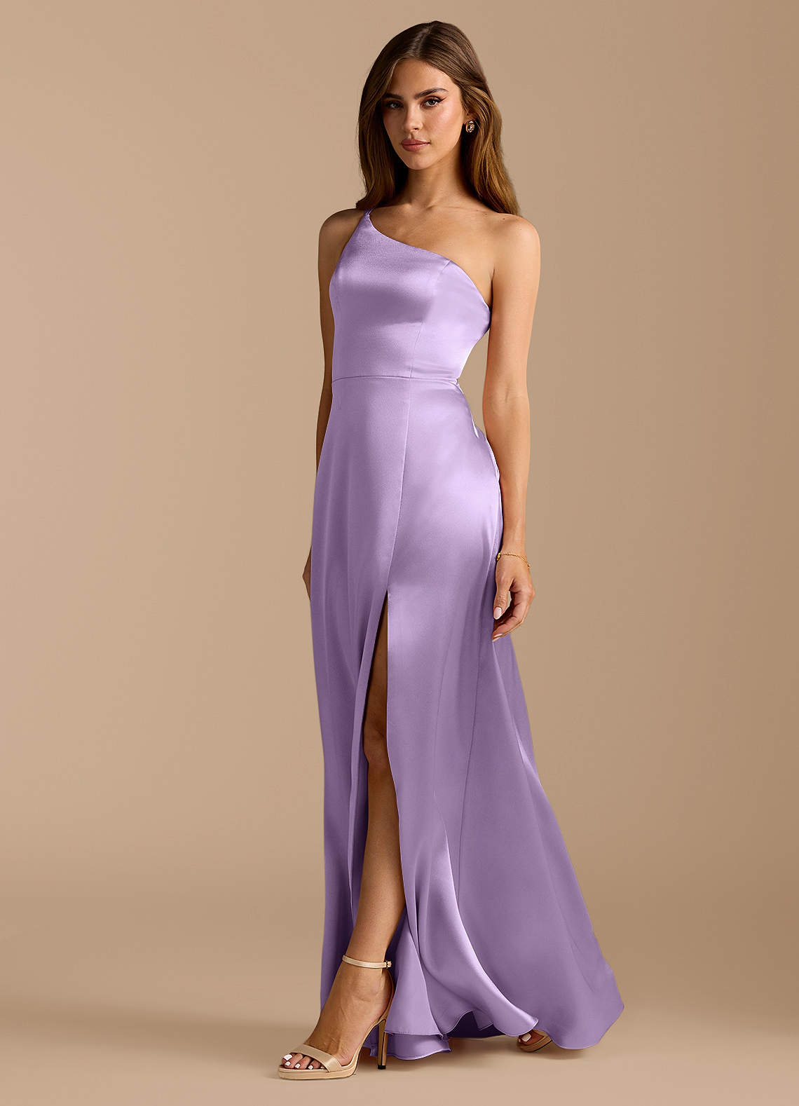 Azazie Trina Jurken voor bruidsmeisjes Jurk van Metaalachtig Satijn met A-Lijn One-Shoulder Lila image1