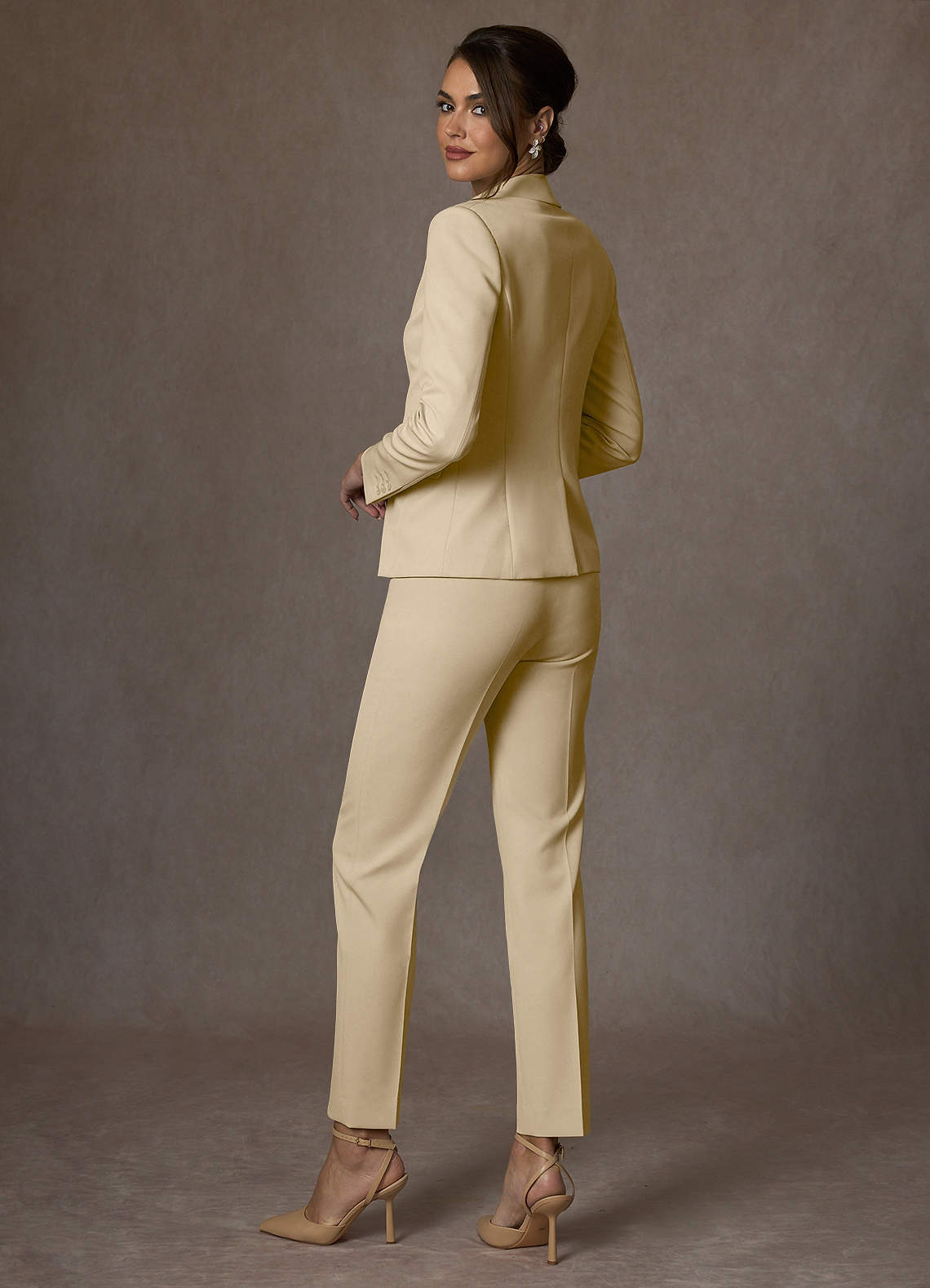 front Whitney Champagne Structured Stretch Full Length Pants Suit