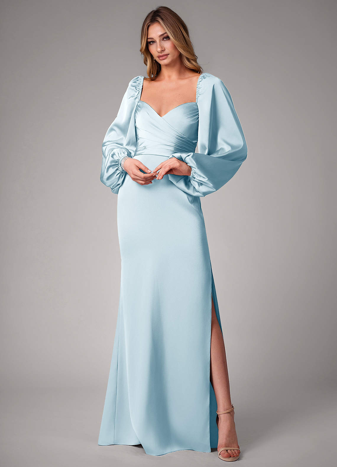 Azazie Sonata Brudtärnklänningar Klänning av Tubklänning i Stretch Satin Långärmad Himmelsblå Konvertibel image1