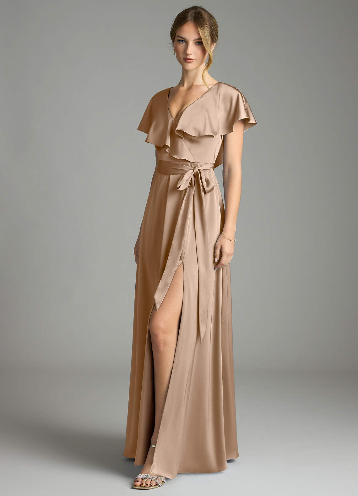 Azazie Lainey Bridesmaid Dresses Taupe A-Line with Pockets Stretch Satin Dress image1