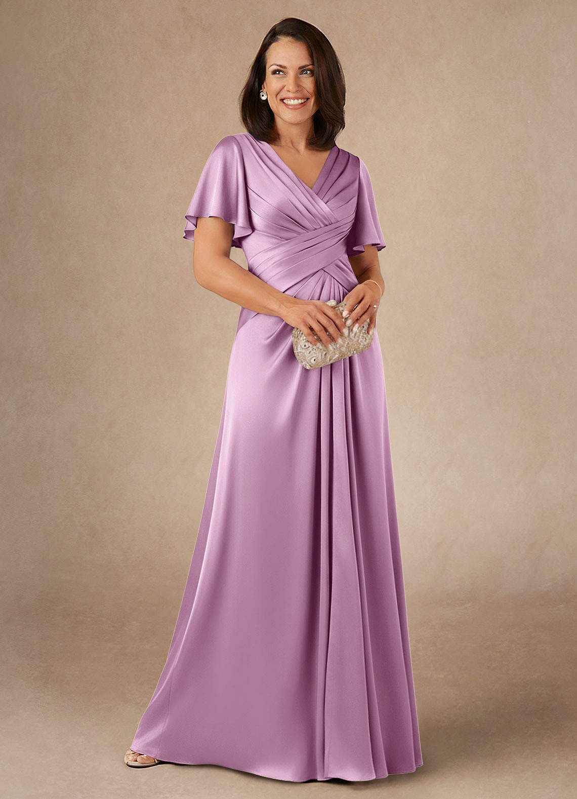Azazie Emmeline Mother of the Bride Dresses Wisteria A-Line Pleated Stretch Satin Dress image1