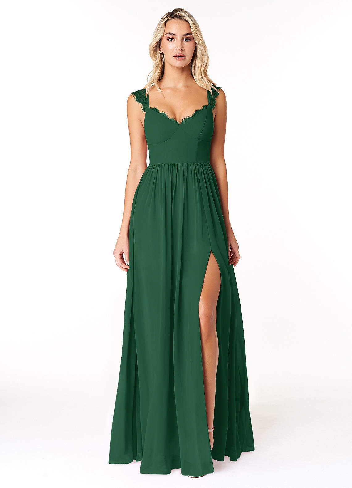 Azazie Cleobella Bridesmaid Dresses Dark Green A-Line Sweetheart Lace Chiffon Dress image1
