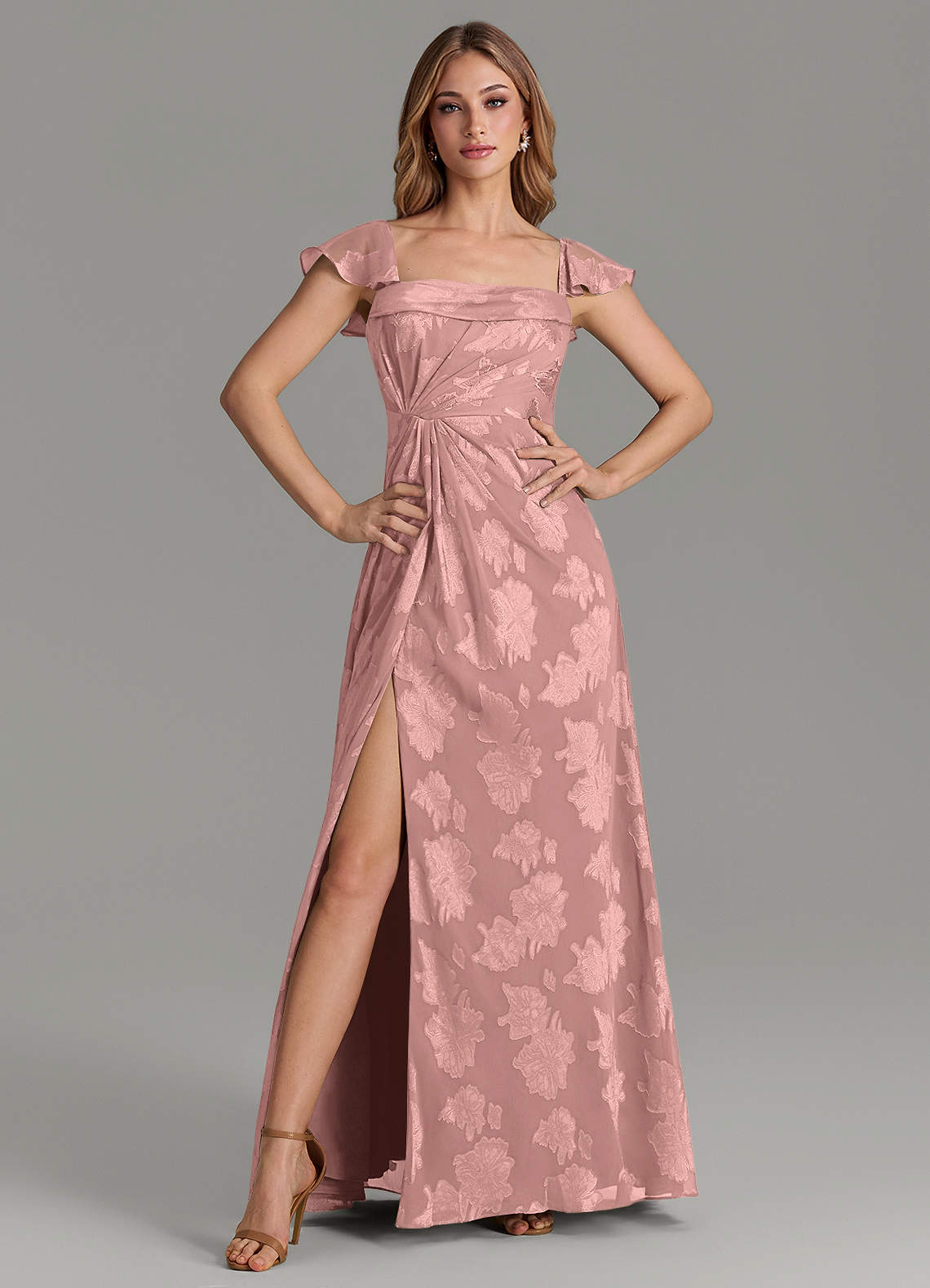 savannah bridesmaid dresses Azazie A-Line Square Neck Floor-Length Floral Jacquard Burnout Pink Vacation Dresses Web Collection: Easter Chiffon ( Non Size:36 | XXS