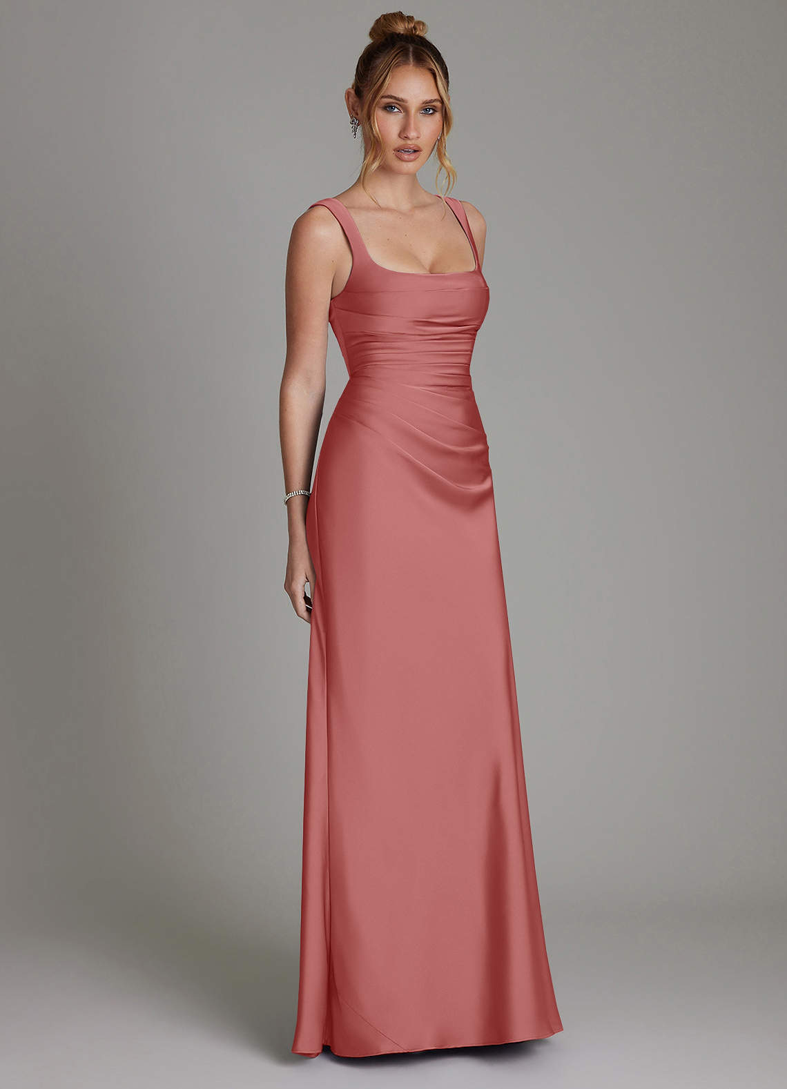 Azazie Agustina Vestidos de madrinha de casamento Vestido Rosa Antiga de Cetim elástico de sereia com Espartilho image3
