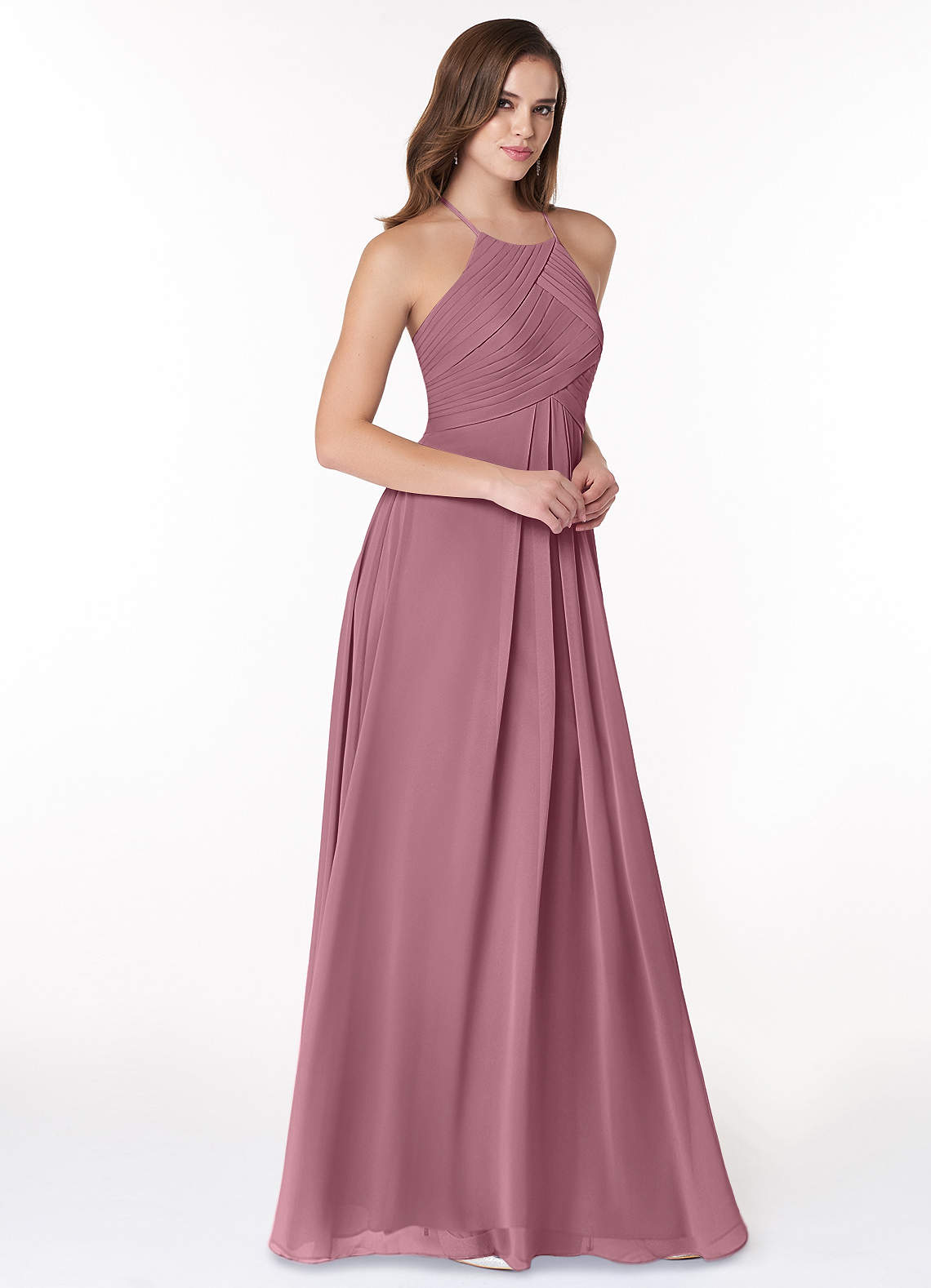 Azazie Ginger Bridesmaid Dresses Vintage Mauve A-Line Halter Pleated Chiffon Dress image1