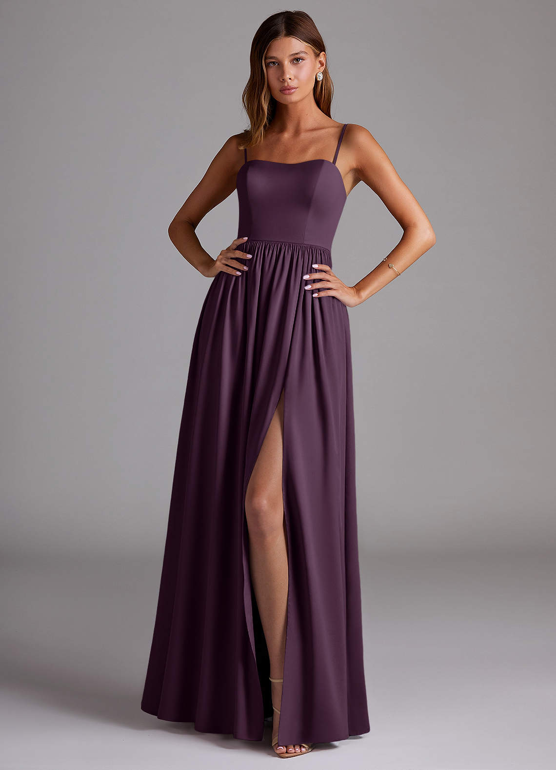 Azazie Calianna Bridesmaid Dresses Plum A-Line Off the Shoulder Stretch Satin Convertible Dress image1