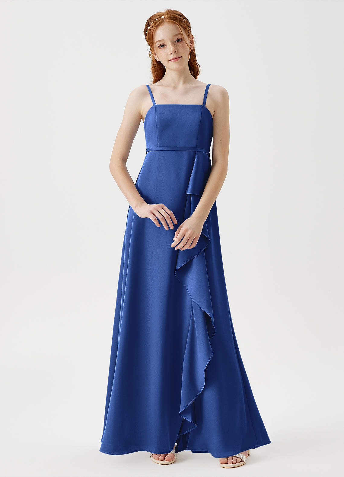 Azazie Kaylee Junior Robe Trapèze en Satin extensible avec ceinture Bleu Roi image1