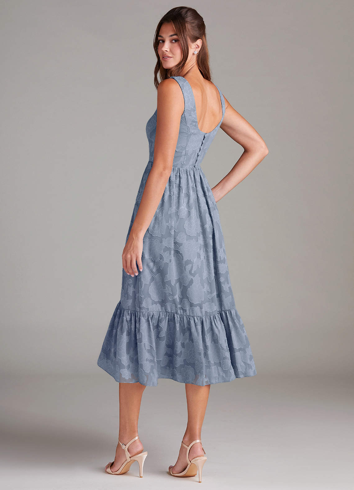 Azazie Alissa Bridesmaid Dresses Dusty Blue A-Line with Pockets Floral Burnout Dress image6