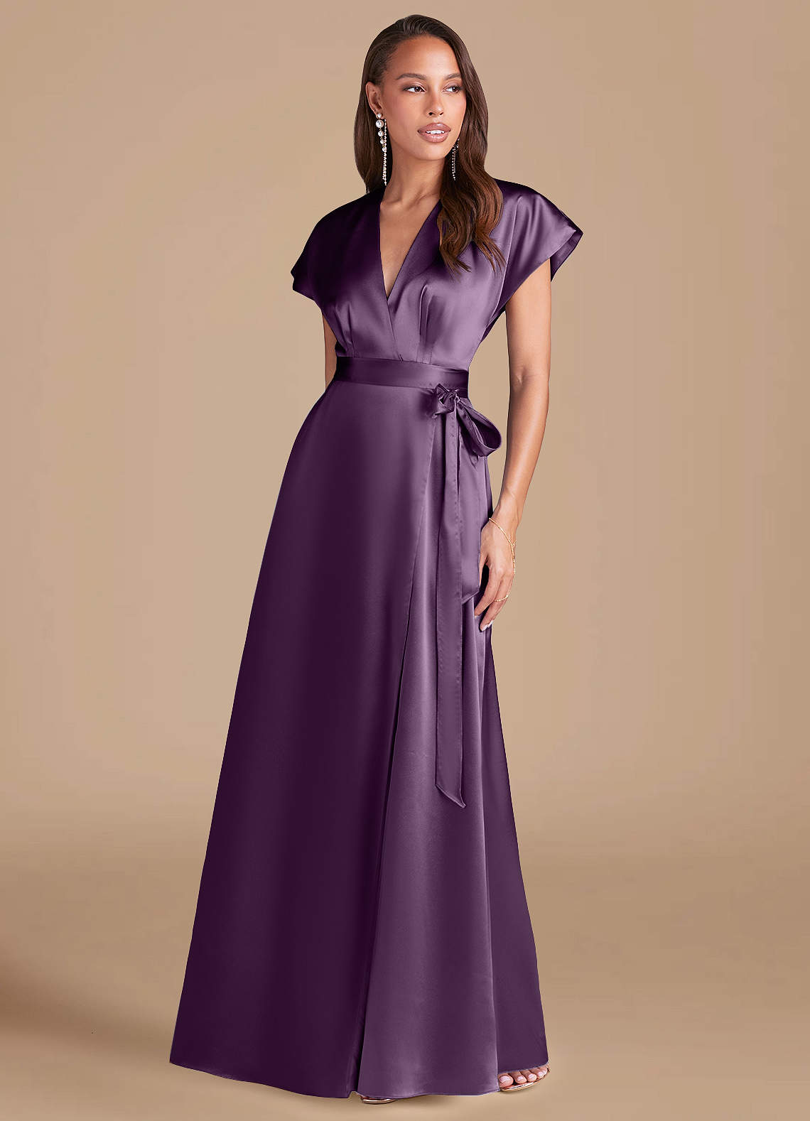 Azazie Nico Bridesmaid Dresses Plum A-Line Pleated Metallic Satin Dress image1